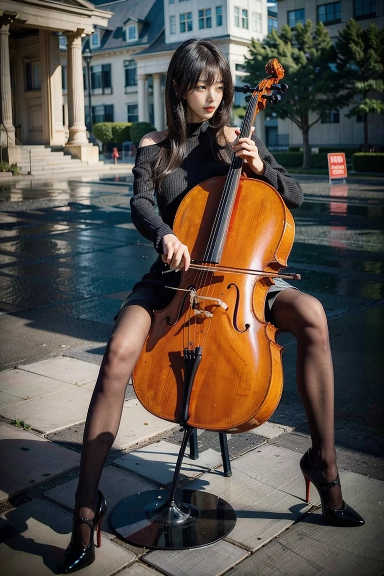 1girl, playing cello, cello,bow \(music\),

(pantyhose, high-heels, long and slender and beautiful legs),  black hair, sitting, outdoor, bare arms, offshoulder sweater, 
 __str2__, __str1__, masterpiece, best quality,8k