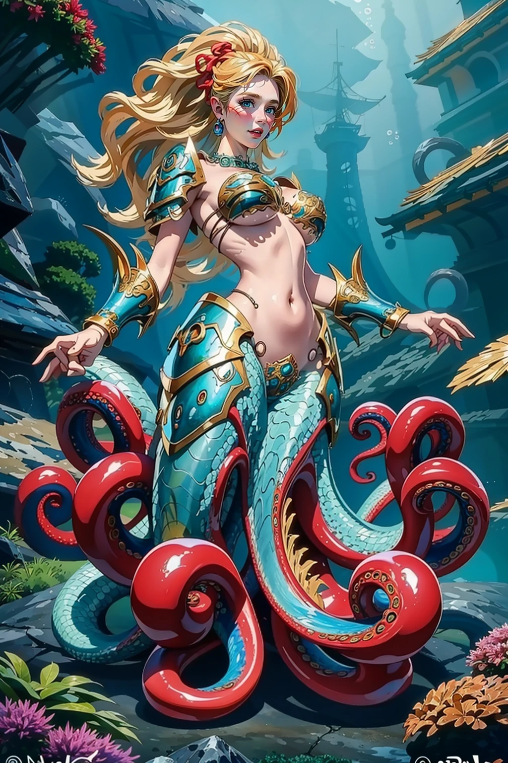 (masterpiece:1.2, best quality), (photorealistic:1.2, intricate details), solo, ((monster girl)), 1girl, scylla, tentacles, colored skin, full body, jewelry, navel, suction cups, underwater, armor, breast armor, long, hair, fish, huge breast <lora:Octopus:1>