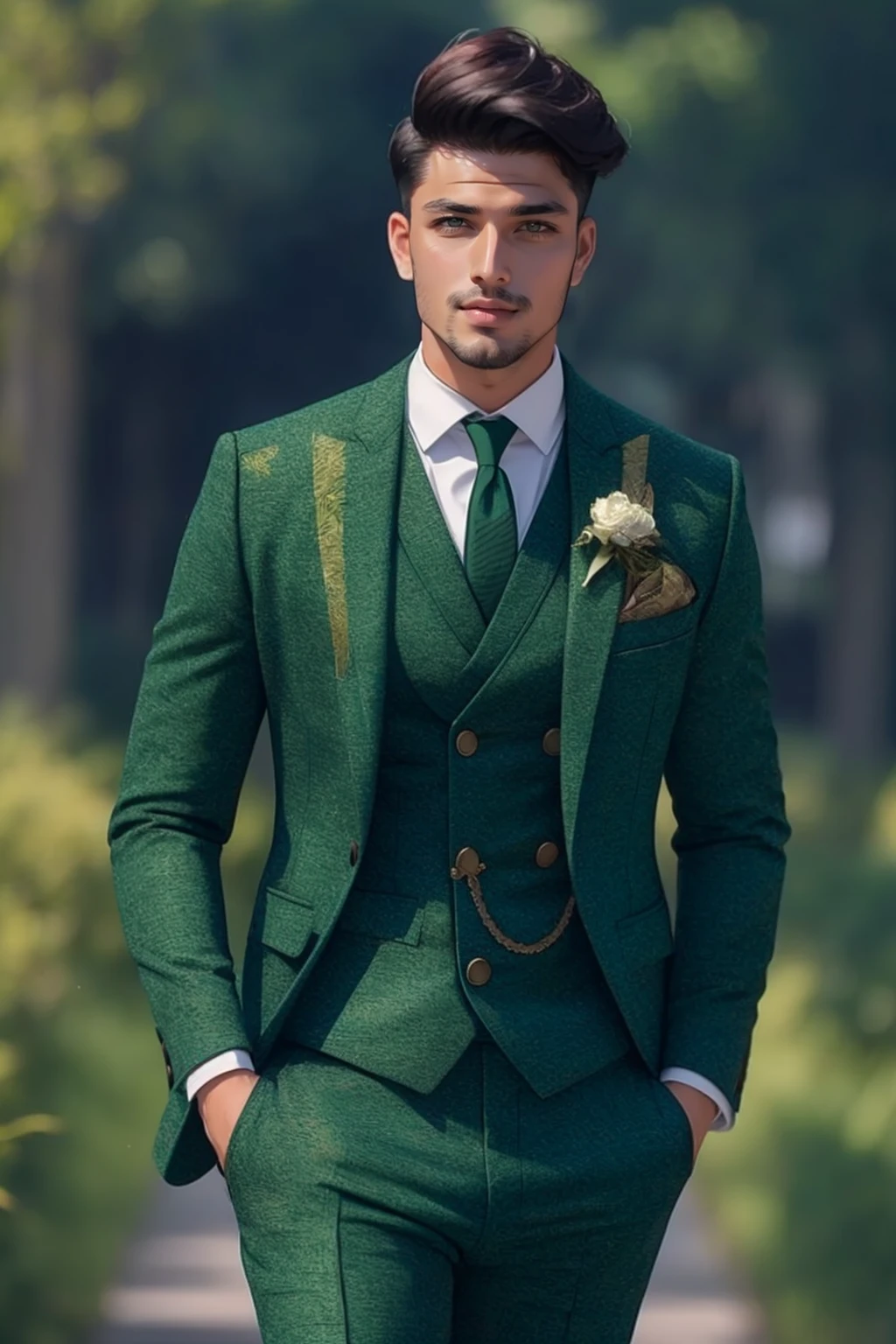 <lora:detail_slider_v4:1> 1boy  <lora:3m3r4ldsu1t:0.75>  3m3r4ldsu1t, green jacket, green pants, grey background, simple background, silk suit