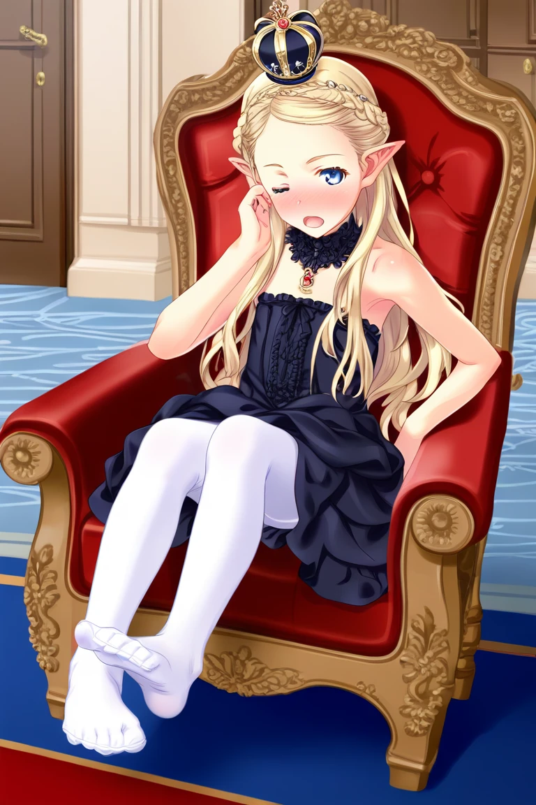 (masterpiece, best quality:1.2),
1girl, looking at viewer, (tongue out:1.2), (one eye closed:0.8), (full-face blush:1.2), blonde hair, braided bangs, long hair, gold mini crown, jewelry, blue eyes, flat chest, (pointy ears:0.9)
BREAK black dress, white pantyhose
BREAK sitting, (crossed legs:0.8), (toes:0.5)
BREAK full body, wide shot, royal throne, luxurious living room