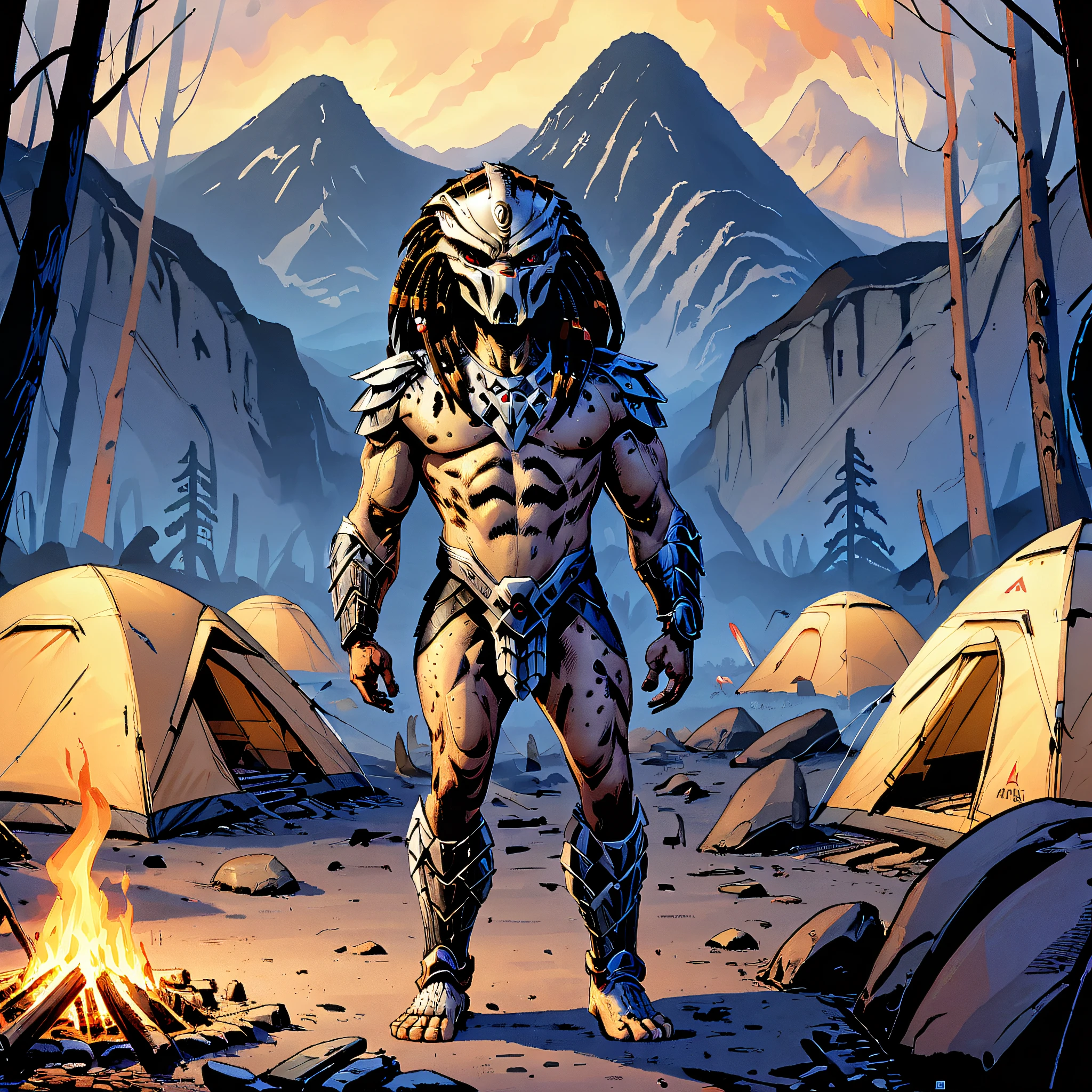 predator stood in the burnt ruins of a campsite, forest, mountains, tents,