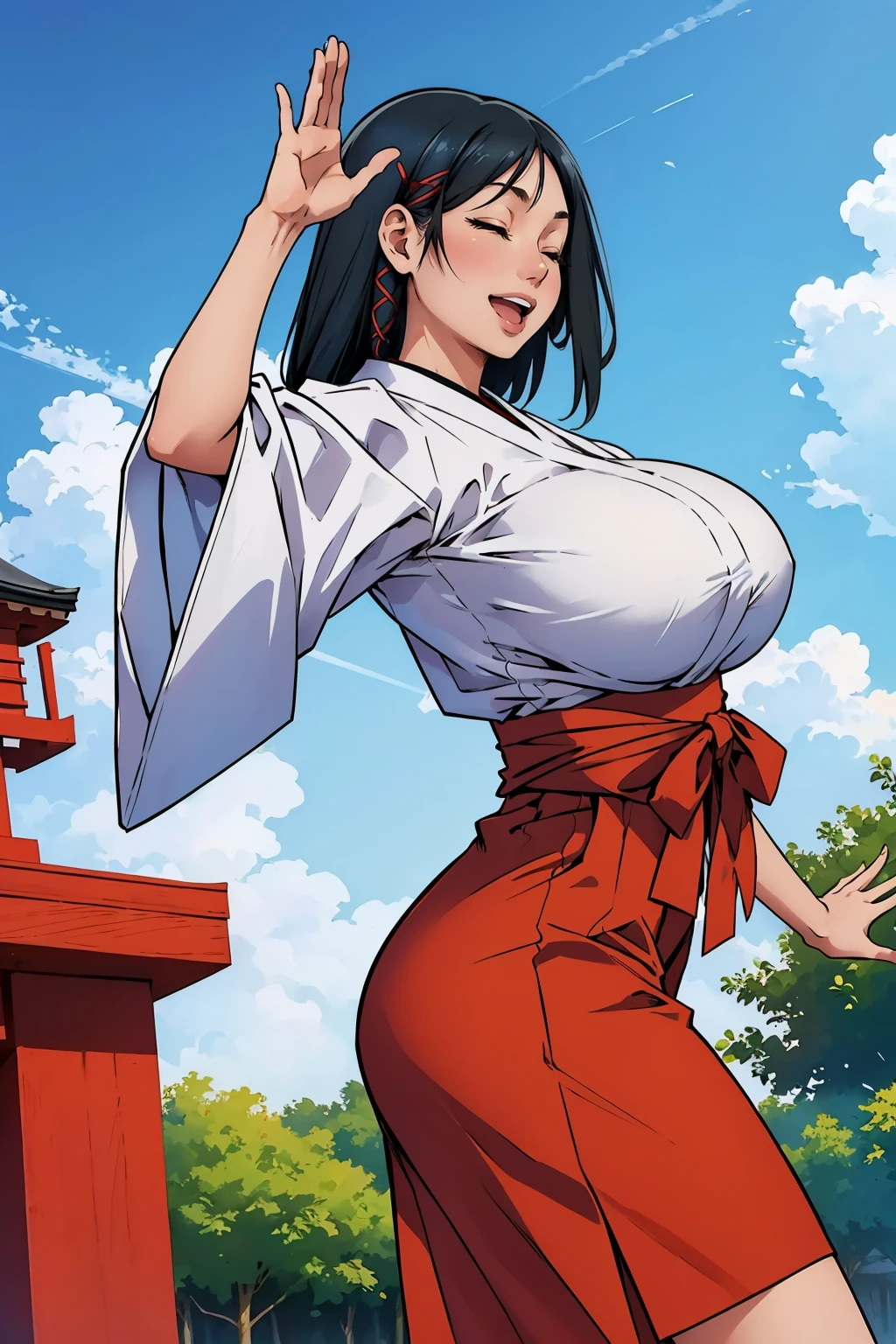 masterpiece, best quality, 1girl, <lora:amagamiyae-nvwls-v1-000008:0.9> amagamiyae, hair ribbon, japanese clothes, white sleeves, wide sleeves, hakama skirt, red skirt, large breasts, from side, :D, blue sky, raised arm, closed eyes, happy, waving