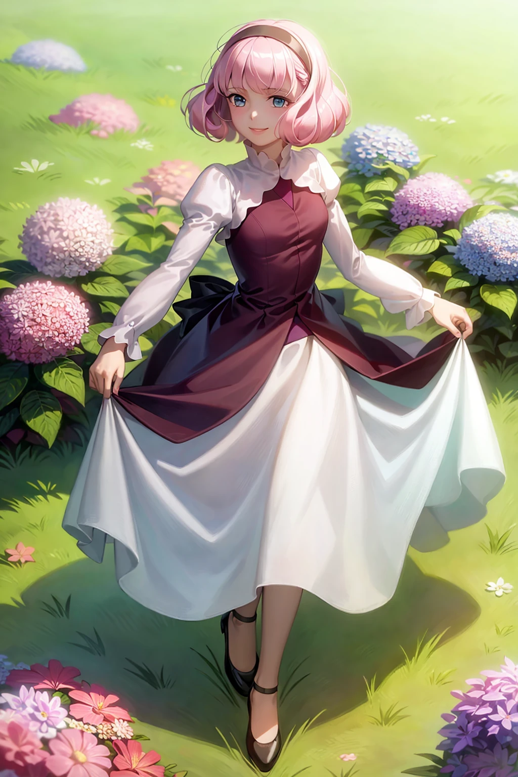 masterpiece, best quality, <lora:lemrina:1>,
lemrina vers envers, 1girl, solo, flower, hairband, dress, blue eyes, bob cut, skirt hold, short hair, pink hair, blunt bangs, smile, bangs, hydrangea, puffy sleeves, curtsey, shoes, juliet sleeves, long sleeves, grass