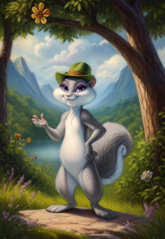 <lora:SlappySquirrelCartoonYif:0.85>     solo,   looking at viewer,   SlappySquirrelCartoon, Squirrel,smal  green hat with flower, purple eyelids, gray fur,   white sclera,
(beautiful, aesthetic, perfect, delicate, intricate, masterpiece, )  textured fur, [Forest,  lake, clouds, bushes,] standing
by s1m, by blotch, by pinkaxolotl,