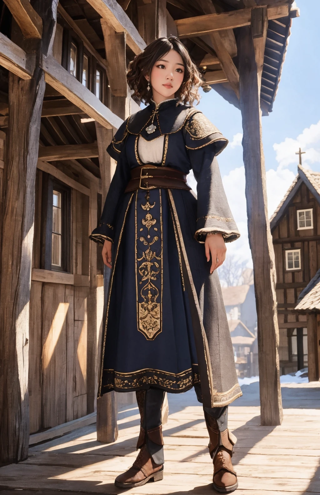 1girl,full body,long hair,intricately detailed,sharp focus,rich shadows,HDR,rembrandt lighting,soft shadows, diffused light,medieval village,wooden buildings,inn,detailed background,vast,ultra highres,intricate texture,Balanced depth of field,<lora:BasiilLeaf1:0.7> BasiilLeaf