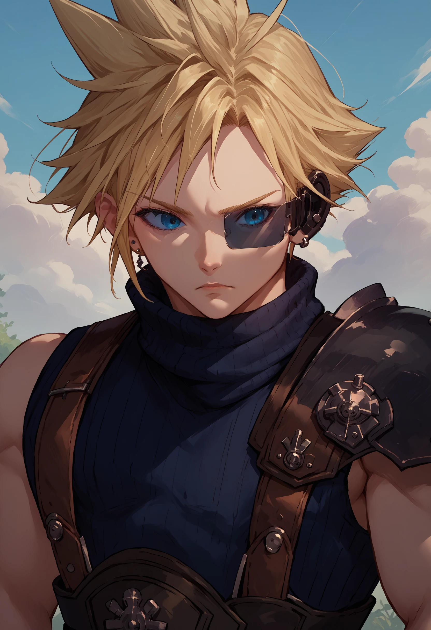 score_9, score_8_up, score_7_up, source_anime, 1boy, scouter, tinted eyewear, <lora:Scouter_XLPD:1>, upper body, <lora:cloudstrife-pdxl-nvwls-v1:1> defCloud, blonde hair, single earring, suspenders, shoulder armor, sleeveless turtleneck, belt,