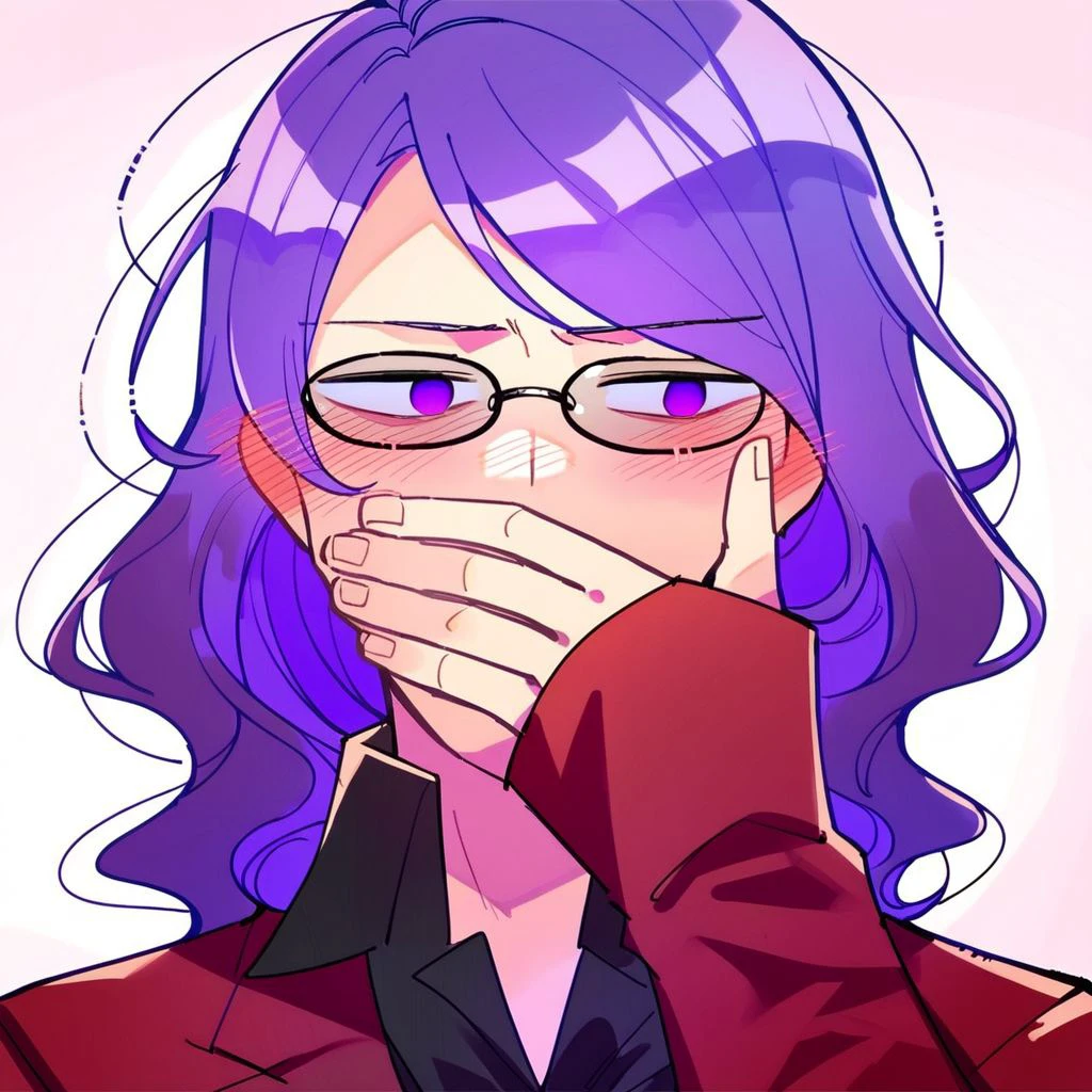 score_9, score_8_up, score_7_up, score_6_up, score_5_up, score_4_up,, 1boy, purple hair, wavy hair, purple eyes, Red jacket, black shirt, collared shirt, red pants, formal, Glasses, portrait, empty eyes, looking to side, covering mouth, blush