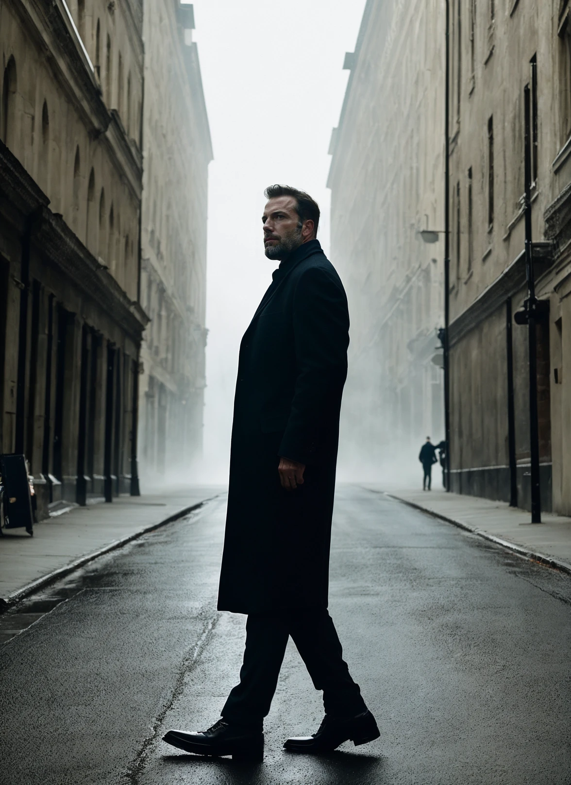 A striking cinematic illustration capturing the early years of Adolf Hitler in Vienna, Austria. The young Hitler stands alone, dressed in a simple suit, gazing intently at the cityscape. The background showcases the iconic Vienna architecture, with a mix of historic and modern buildings. The atmosphere is somber and dramatic, with a subtle monochromatic color palette, hinting at the dark times yet to come