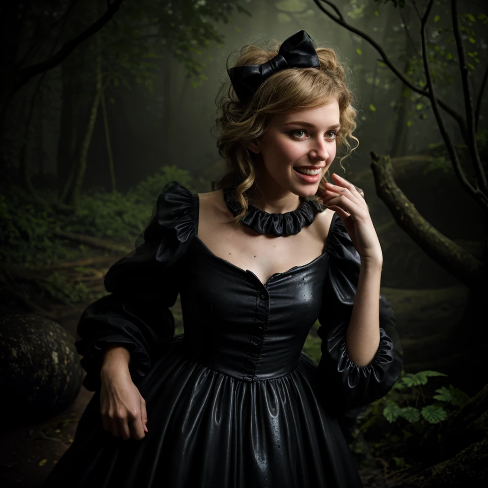 (atmospheric cinematic still, full body:1.15), (woman-animal hybridization chimera:1.3) , (innocent slender Slavic woman:1.175) wearing an awkward Victorian dress with black lace and frilly sleeves and a strange pattern, (modelshoot style, analog style, strong gloom:1.125), f2.8, (remarkable lifelike raw photo:1.1), (correct_fingers, feminine_anatomy, correct_eyes:1.15), (cute nose:1.1), remarkable epic nature landscape, (eerie black slime monster:1.35) in smooth background, playful expression, cluttered jungle with lots of wet woods, moist skin wet texture, sfw, smile, long blonde hair, jewelry, (teeth, grin:0.75), (joyful, turbulent emotions:1.165), (realistic hands:1.225),(wet dark carbon boulders in swirly bokeh:0.75), (shallow depth_of_field, (rim light:1.15), dreamy Rembrandt lighting, analog film grain:1.3), (vignette, cinemascope:0.85), extreme realism, finest texture, incredibly lifelike, (gray-blue-green:0.7)