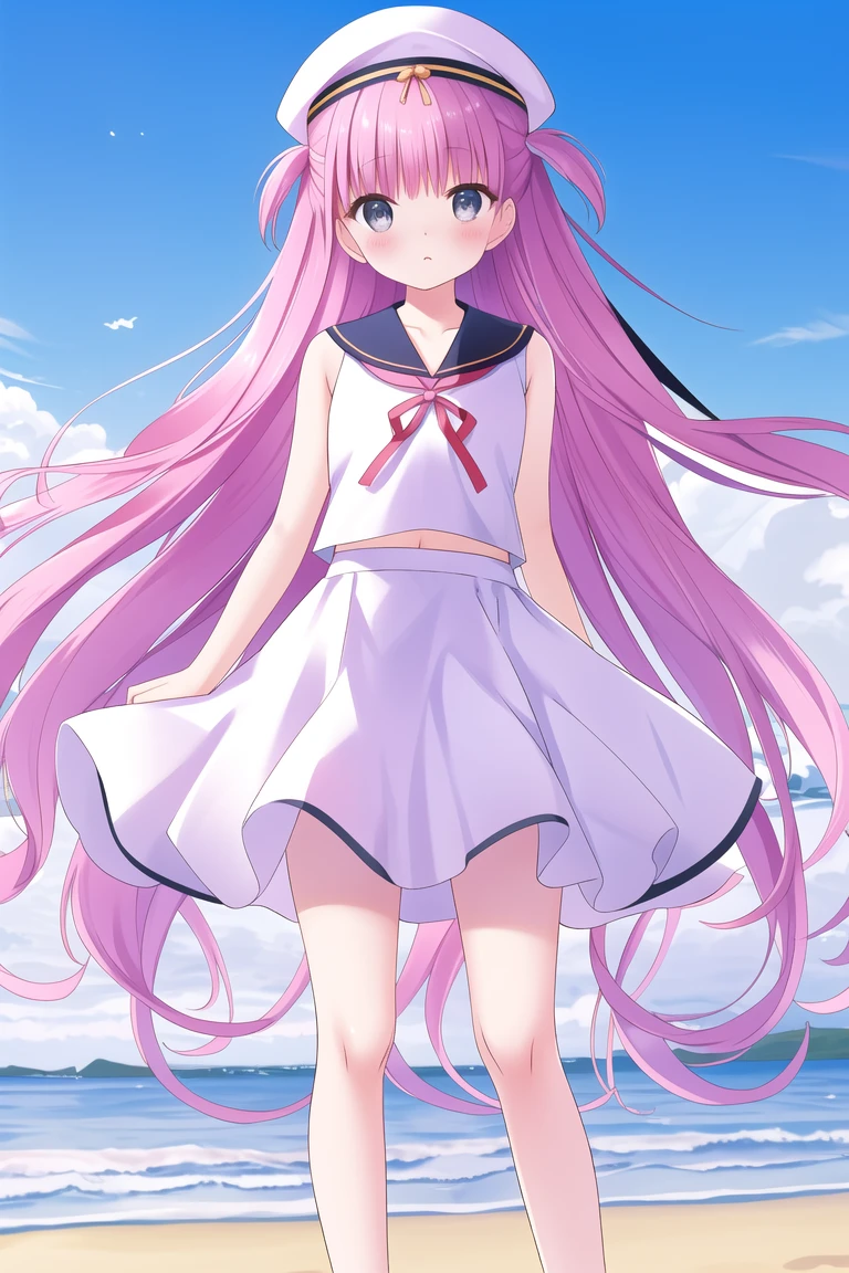 ((masterpiece)),(((best quality))), ((ultra-detailed)), ((illustration)), masterpiece, best quality, highres, {beautiful detailed eyes}, finely detail, 4k wallpaper, beautiful detailed eyes,
(umi:1), (solo:1.1), (endlessly growing absurdly long pink hair:1.3), (two sides up:1.2), (standing on a beach:1.2), (wearing white sailor shirt, sailor skirt, sailor collor, white hat, white beret:1.2), (very small breasts, flat chest:1), (very shy, blush:1.2), (grey eyes:1.0)
<lora:umi-05:0.7><lora:BA_style:0.2>