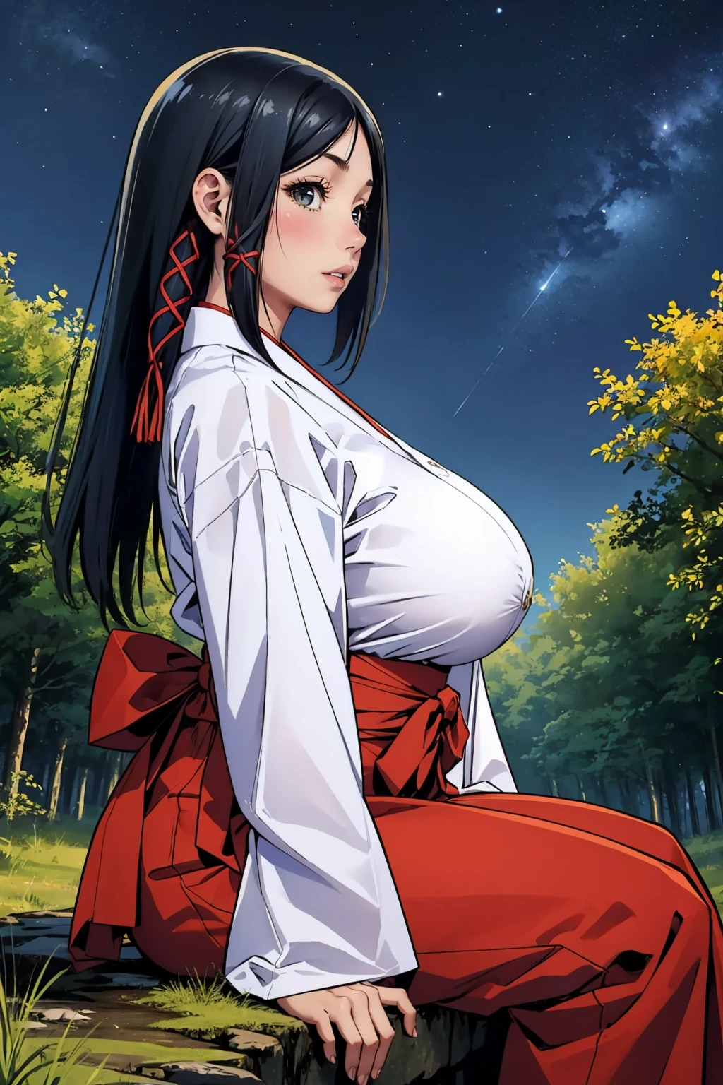 masterpiece, best quality, 1girl, <lora:amagamiyae-nvwls-v1-000008:0.9> amagamiyae, hair ribbon, japanese clothes, white sleeves, wide sleeves, hakama skirt, red skirt, large breasts, blush, parted lips, night sky, forest, profile, looking at viewer