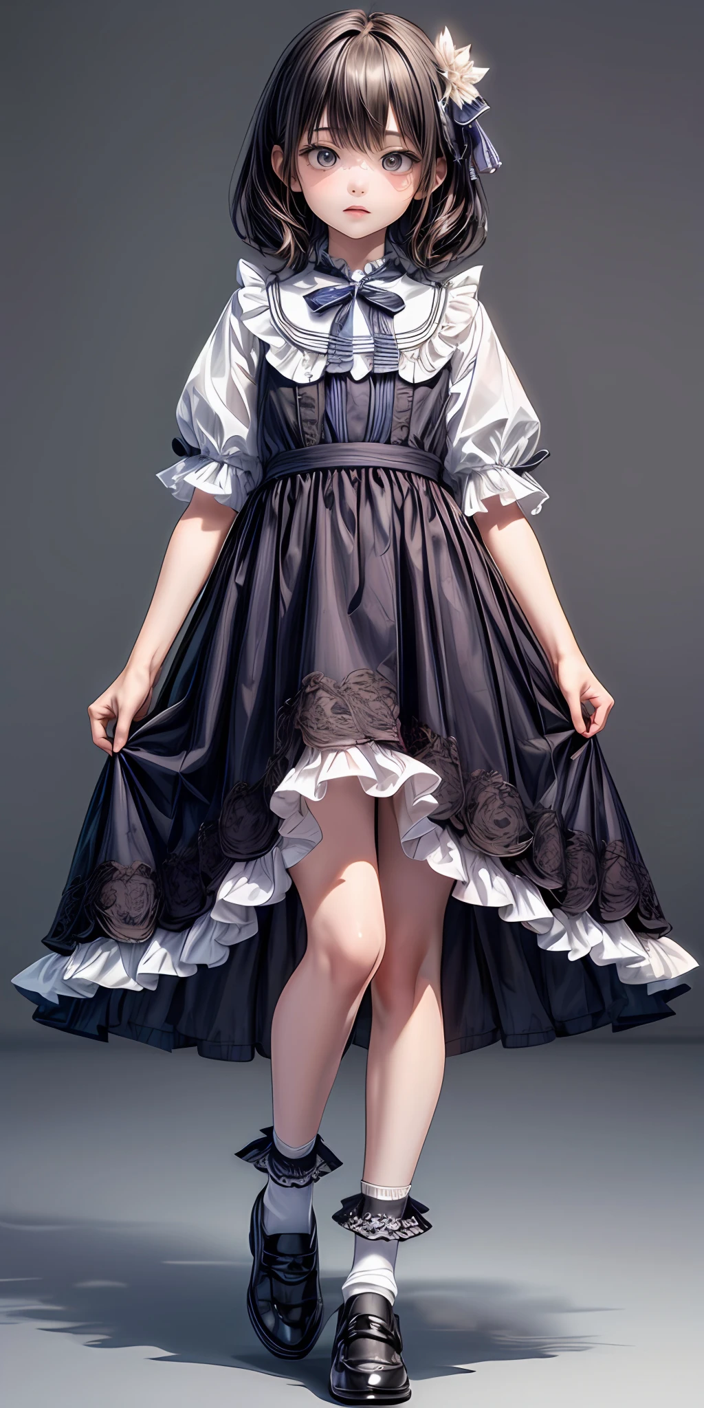 (masterpiece,ultra-detailed,best quality,8K,CG,illustration,shaved:1.0),(girl:1.0) <lora:more_details:1>, simple background, <lora:jyoji fuku v1:0.4> jyoni fuku, dress,ribbon,frills, lace,socks, shoes