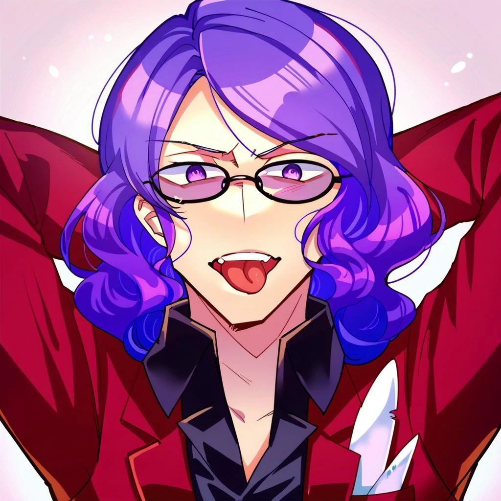 score_9, score_8_up, score_7_up, score_6_up, score_5_up, score_4_up,, 1boy, purple hair, wavy hair, purple eyes, Red jacket, black shirt, collared shirt, red pants, formal, Glasses, portrait, looking at viewer, hands behind head, tongue, tongue out, upper teeth only,