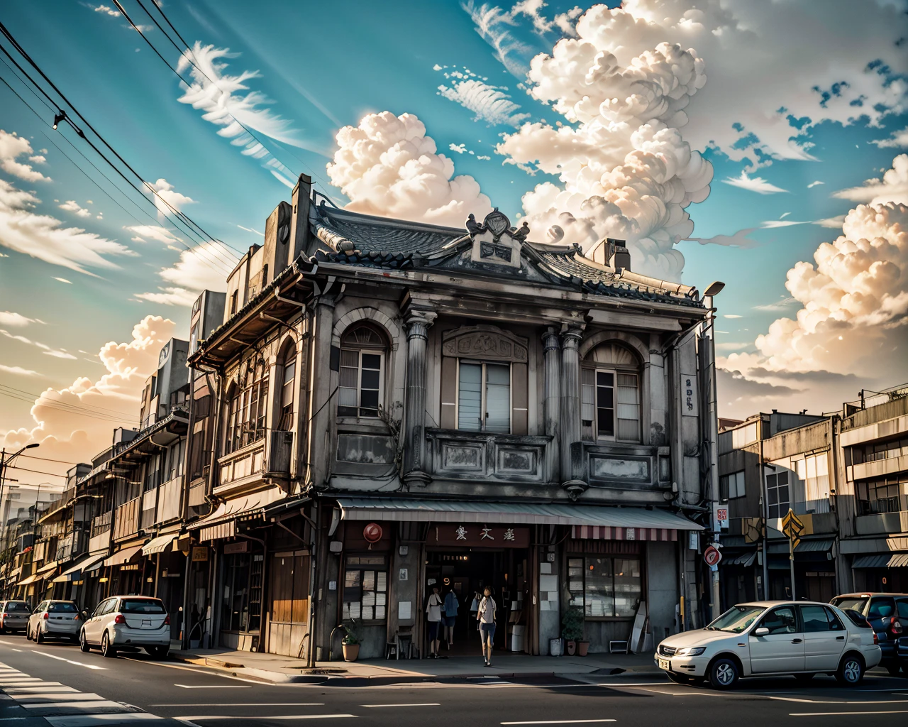 best quality,masterpiece,highly detailed,ultra-detailed, 
é¨æ¨
<lora:neg4all_bdsqlsz_V3.5:-1> 
 <lora:Old_taipei_V03:1> oldtaipei, oldtaiwan, outdoors, building, sky, motor vehicle, lamppost, scenery, car, sign, cloud, street, road, road sign, black hair, power lines, cloudy sky, real world location, city, solo, day, 1girl, short hair, window, standing, 1boy