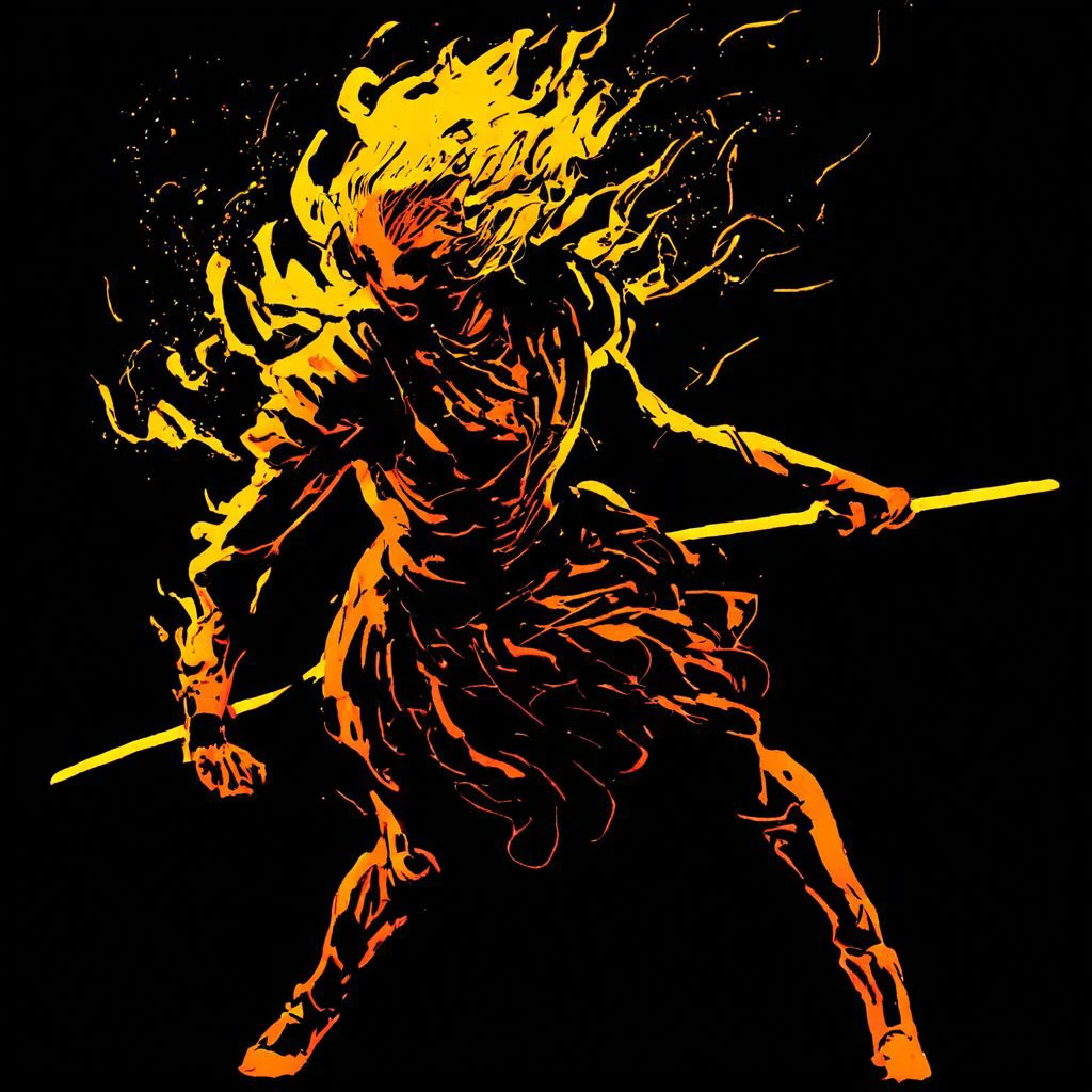 wizardry, illustration, Female, Fencer, Elf, humanoid, silhouette, orange, yellow, red, fire, black background, gradient