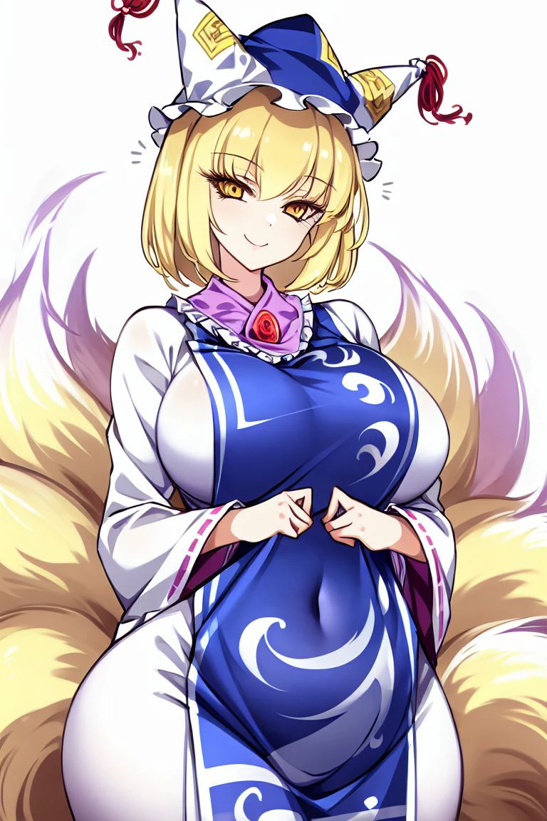 <lora:raptor7-80:1> , masterpiece, raptor7, 1girl, solo, looking at viewer, smile, short hair, blonde hair, large breasts, simple background, long sleeves, hat, white background, dress, animal ears, closed mouth, tail, yellow eyes, cowboy shot, frills, wide sleeves, white dress, fox ears, fox tail, white headwear, multiple tails, tabard, ofuda, kitsune, pillow hat, yakumo ran