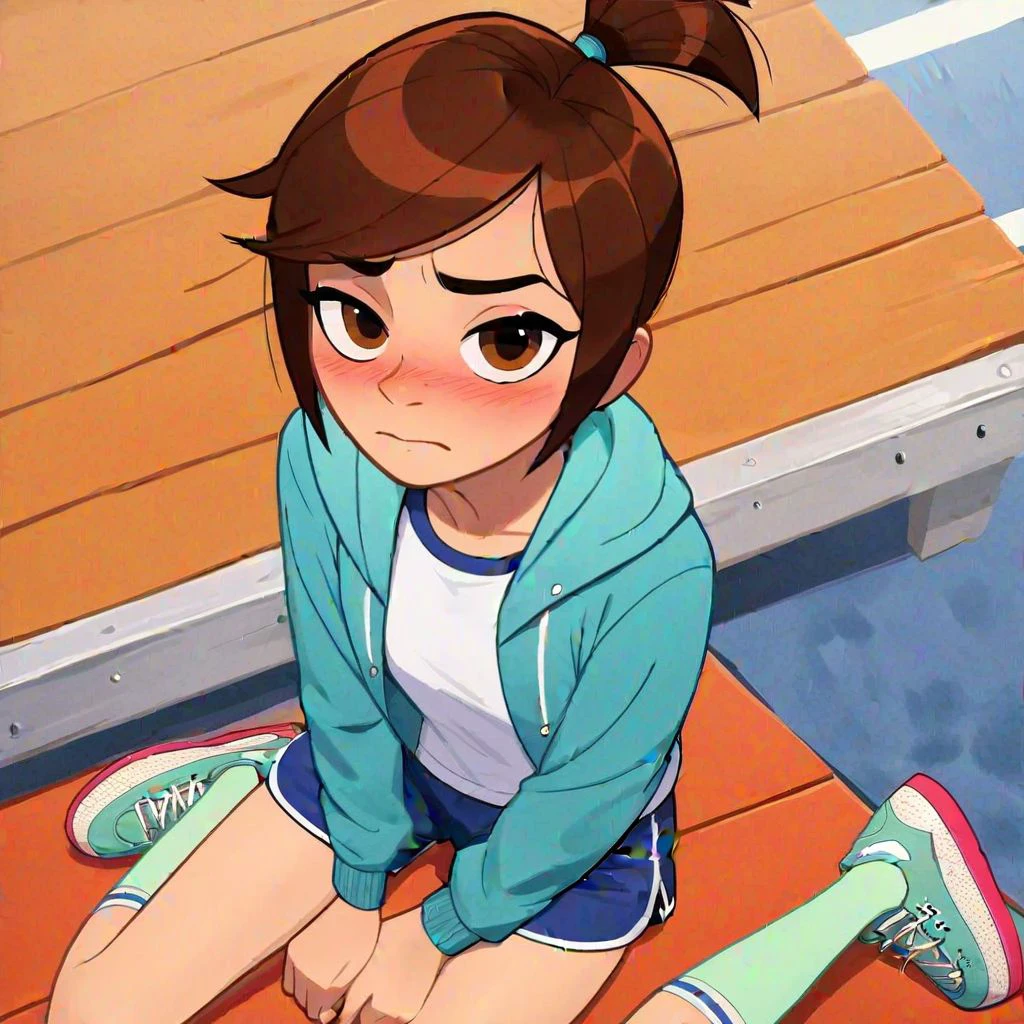 score_9, score_8_up, score_7_up, score_6_up,score_5_up,score_4_up, cartoon accurate, source cartoon, MollyMcGee, brown eyes, brown hair, short ponytail, petite, blue jacket, white t-shirt with black hems, blue dolphin shorts,, white and green socks, blue tennis shoes, bedroom eyes, cute, sitting on a bench, cute, embarrassed, teasing, looking at you, POV,