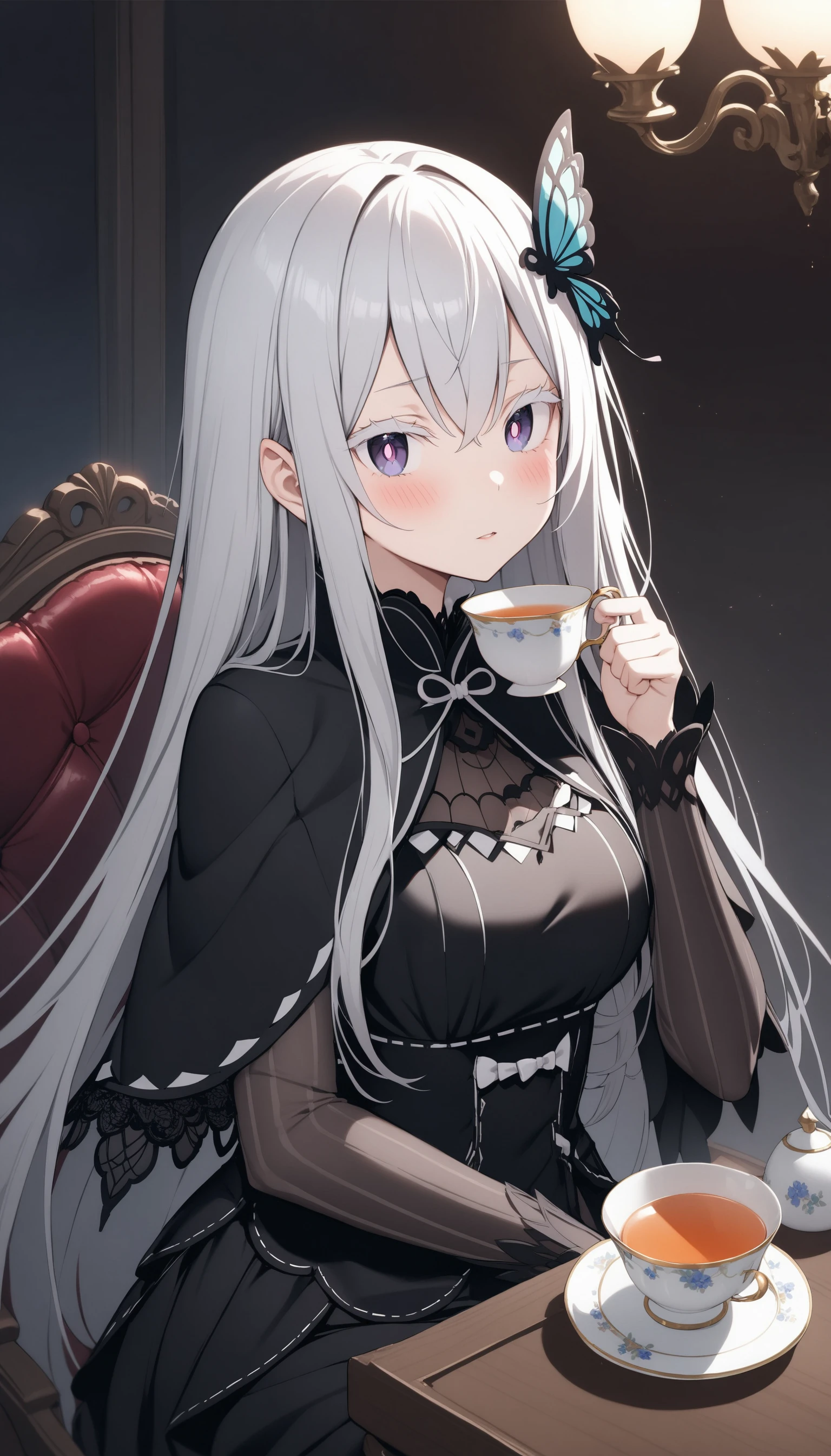 (masterpiece, best quality, very aesthetic, ultra detailed), intricate details,
1girl, echidna \(re:zero\), re:zero kara hajimeru isekai seikatsu, white hair, colored eyelashes, white eyelashes, bright pupils, violet eyes, long hair, sidelocks, black capelet, black dress, layered dress, butterfly hair ornament, chair, table, cup, tea, teacup, teapot, sitting, blush,