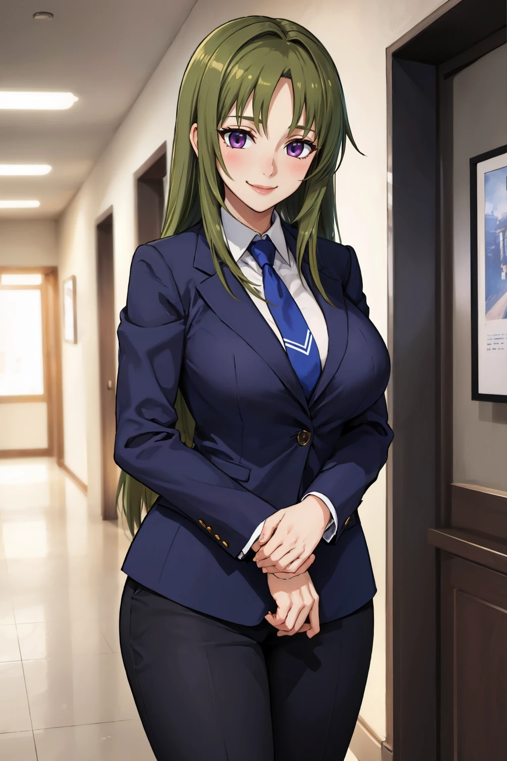 masterpiece, best quality, 1girl,  <lora:rikudoureika-nvwls-v1-000009:0.9> rikudou reika, purple eyes, green hair, large breasts, blue blazer, suit pants, red necktie, hallway, smile, looking at viewer