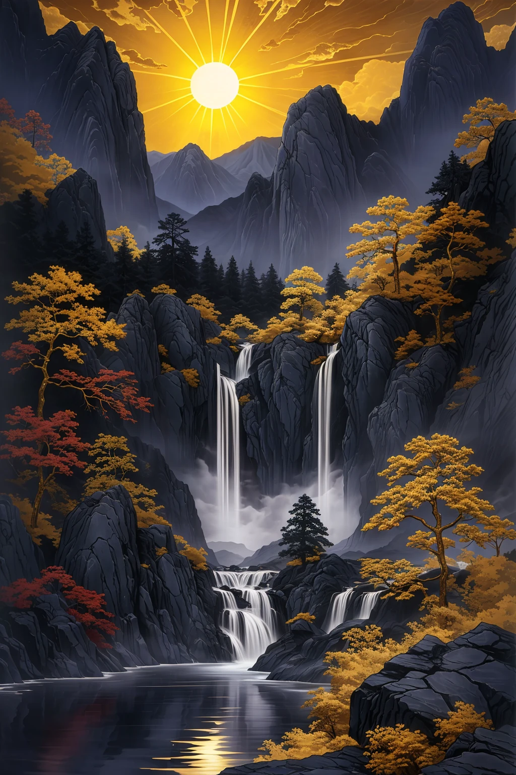 Masterpiece,HD,16k,Lake,waterfall,Sun,rock,texture,mountain,<lora:Blues:0.3>,<lora:Blue}+lNge:0.4>,