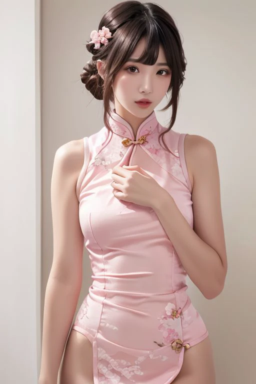 1girl,1 face,bangs,cosmetic textures,cosmetic features,Photorealistic, Attractive Model Masterpiece, //stunning narrow waist,Artstation. 8k sharp focus, photorealism,nsfw,uncensored,(slim:1.2),//pink silky cheongsam,pink silky qipao