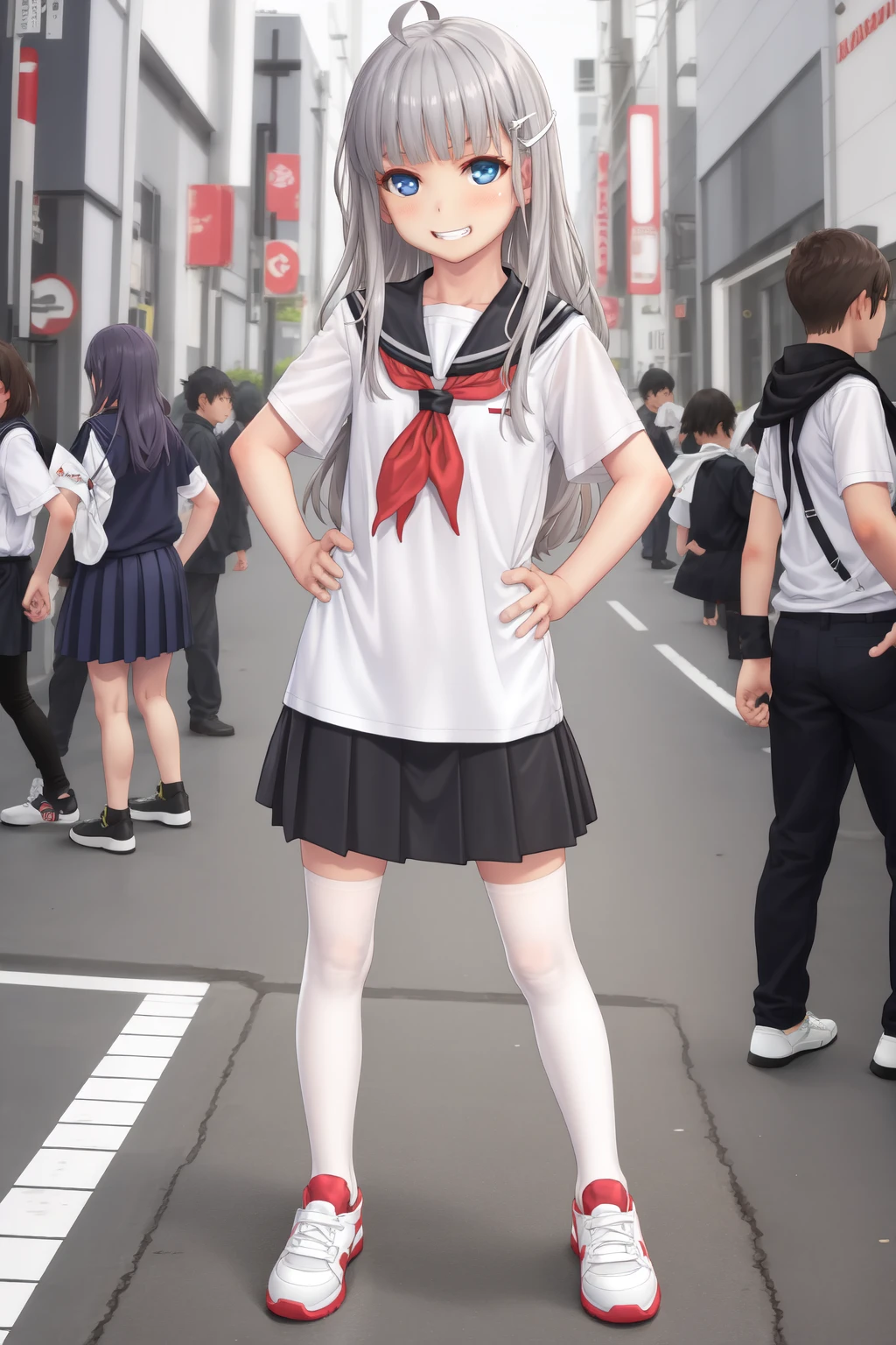 (absurdres, masterpiece, best quality),
1girl, grin, blue eyes, grey hair, hair ornament, long hair, ahoge, forehead, flat chest
BREAK black serafuku, black skirt, black shirt, short sleeves, black thighhighs BREAK (white neckerchief:1.2), red sneakers, hands on own hips
BREAK contrapposto, full body, wide shot, detailed background, tokyo, city, bustling street