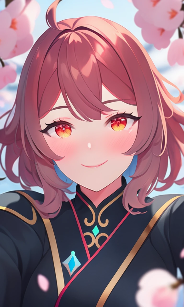 very aesthetic, best quality, newest, 1girl, solo, ganyu (genshin impact), looking at viewer, blush, slight smile, depth of field, cherry blossoms, pov,