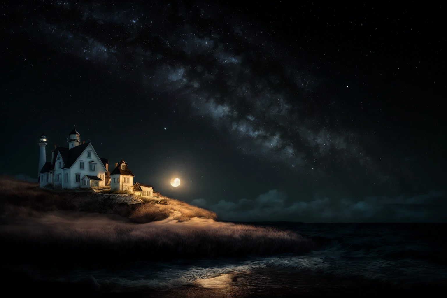 masterpiece, ultra-detailed, best quality, illustration, 8k cg wallpaper, an extremely delicate and beautiful, stunning landscape, beach, lighthouse, moon, stars, clouds, intricately detailed items in background, <lora:NeverAlone:1>