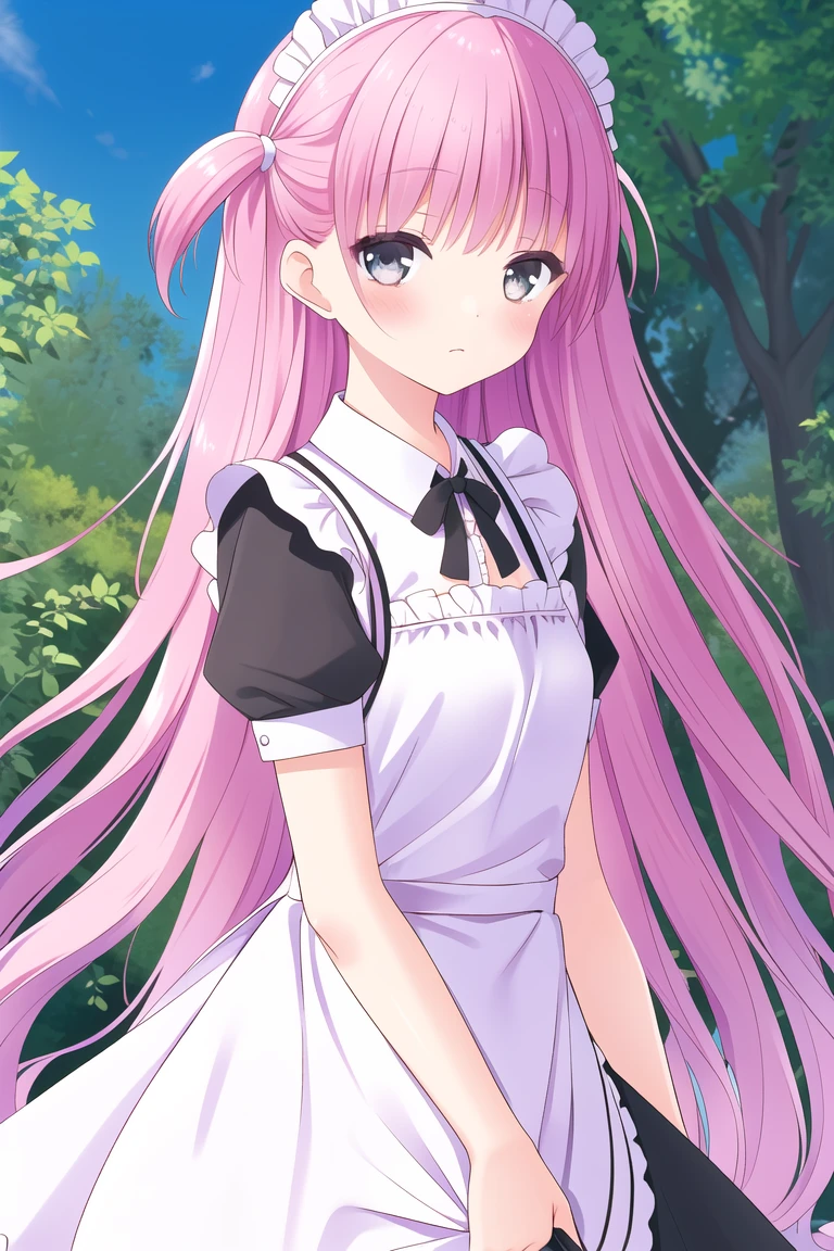 ((masterpiece)),(((best quality))), ((ultra-detailed)), ((illustration)), masterpiece, best quality, highres, {beautiful detailed eyes}, finely detail, 4k wallpaper, beautiful detailed eyes,
(umi:1), (solo:1.1), (maid:1.2), (endlessly growing absurdly long pink hair:1.3), (two sides up:1.2), (standing in a garden:1.2), (wearing maid apron, maid headdress:1.2), (very small breasts, flat chest:1), (very shy, blush:1.2), (grey eyes:1.0), maid, (close-up:1.1)
<lora:umi-05:0.7><lora:BA_style:0.2>