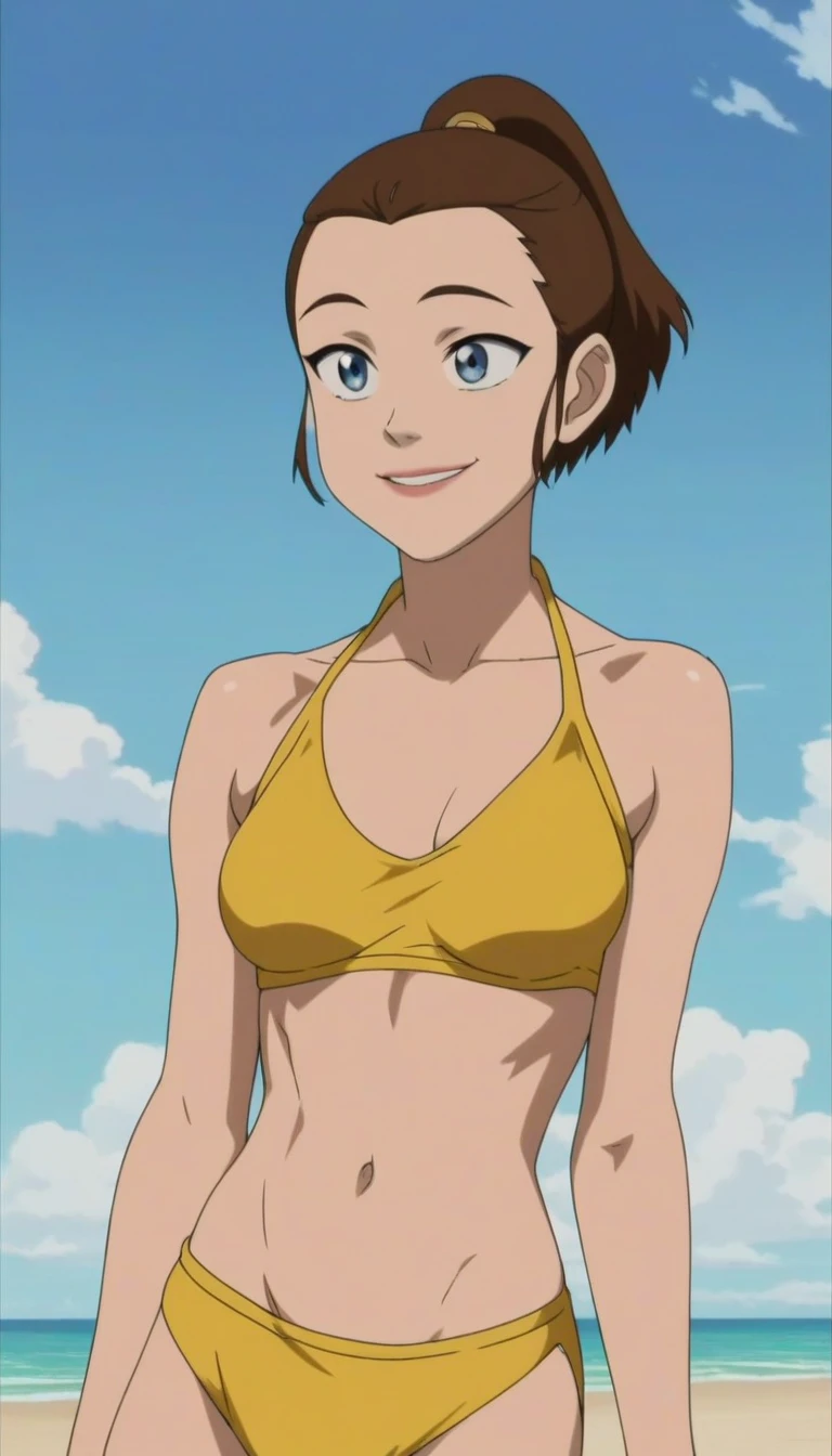 score_9, score_8_up, source_anime, anime screencap, 
suki, 1girl, brown hair, short hair, blue eyes, topknot, short ponytail, 
forehead, 
yellow bikini, medium breasts, 
outdoors, sky, ocean
happy, light smile, 
midriff, navel,