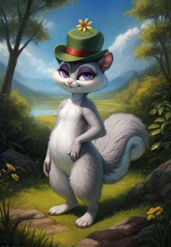 <lora:SlappySquirrelCartoonYif:0.8>     solo,   looking at viewer,   SlappySquirrelCartoon, Squirrel, green hat with flower, purple eyelids, gray fur,   white sclera,
(beautiful, aesthetic, perfect, delicate, intricate, masterpiece, )  textured fur, [Forest,  lake, clouds, bushes,] standing
[by kenket|by totesfleisch8], by thebigslick:by silverfox5213:0.8], [by syuro, by paloma-paloma::0.2, (Tricksta, TotesFleisch8)