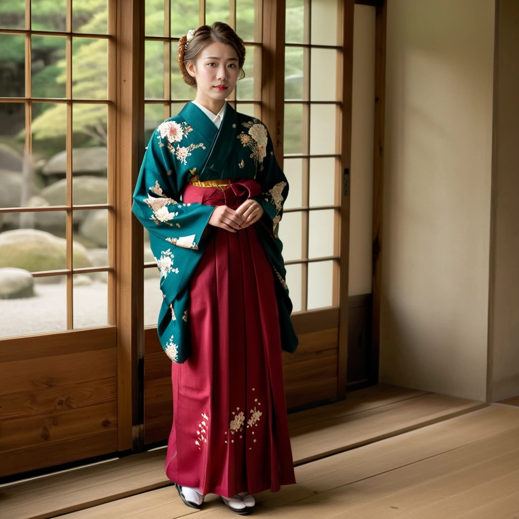 Generate a realistic image of a young girl dressed in Taisho-era clothing, specifically wearing a Hakama rental. Capture the elegance and historical accuracy of the outfit, highlighting the unique design and patterns characteristic of the period. The scene should reflect a serene and culturally rich setting, possibly with traditional Japanese elements in the background like sliding doors or a tranquil garden. Focus on the details of the Hakama, from its flowing fabric to the intricate accessories, showcasing the beauty and grace of traditional Japanese attire,full body, <lora:hakama:0.85>
