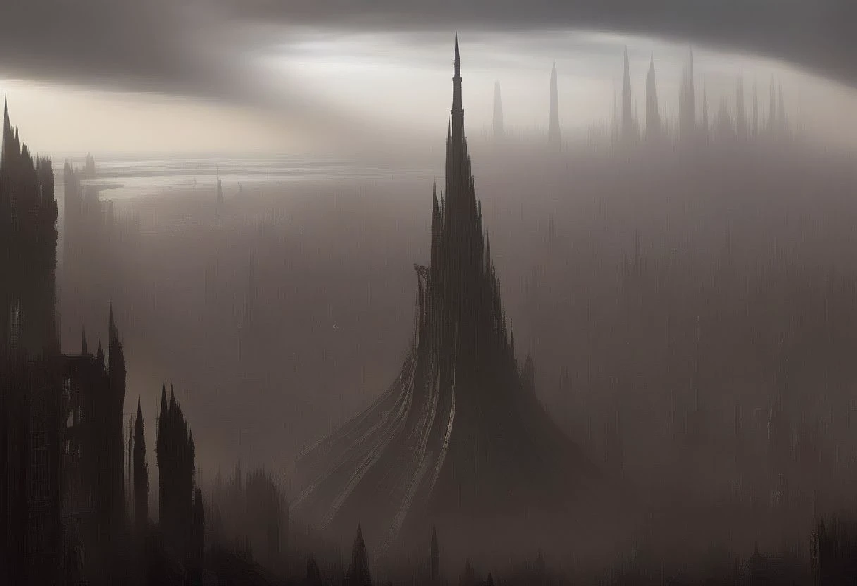 a sprawling hive city, rising up from the ash wastes, cityscape, spires, dystopia