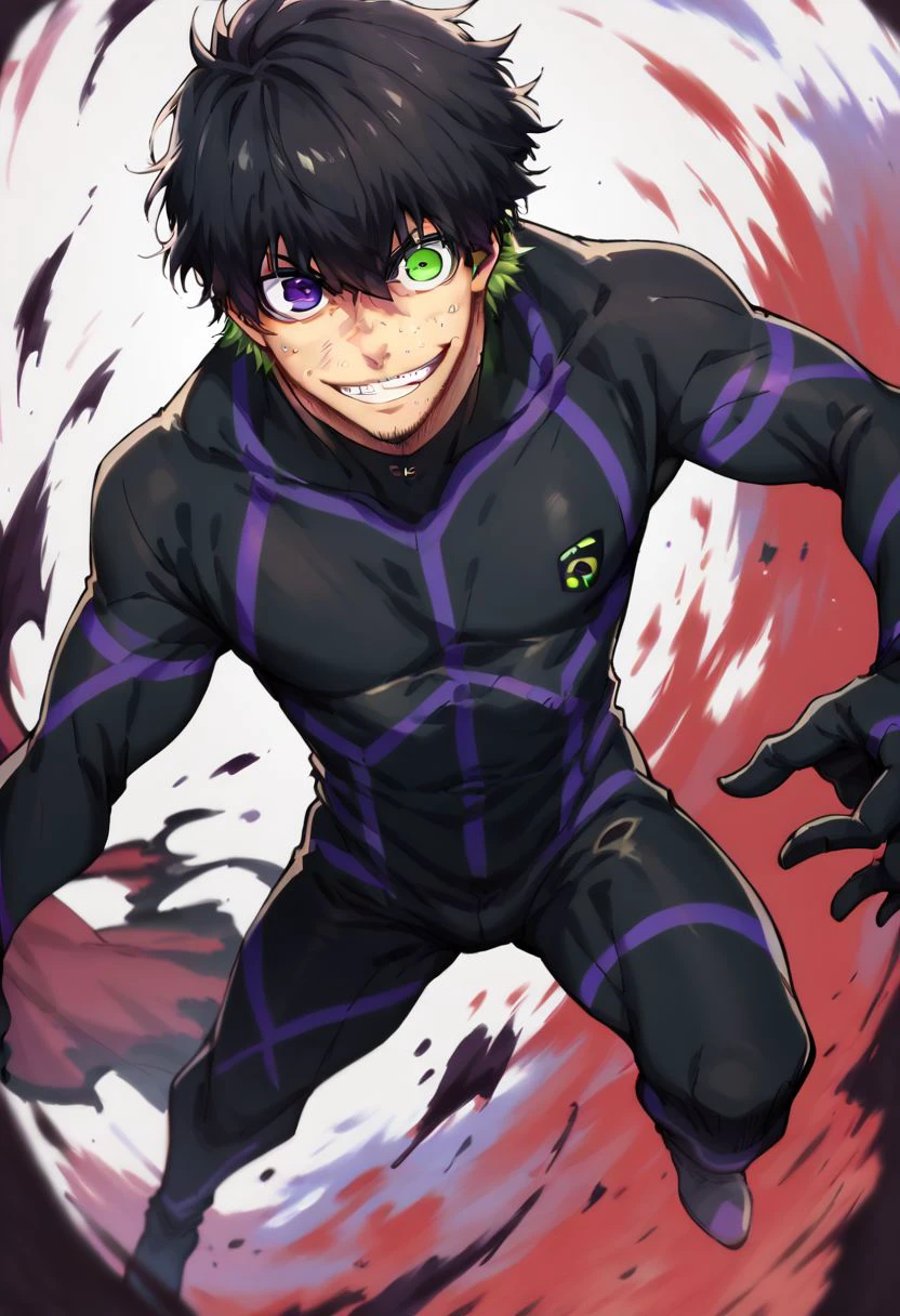 score_9, score_8_up, score_7_up, oliver aiku, 1boy, solo, black hair, green hair, heterochromia, purple eyes, green eyes, facial hair, stubble, blue and black bodysuit, grin, standing, full body, looking at viewer,