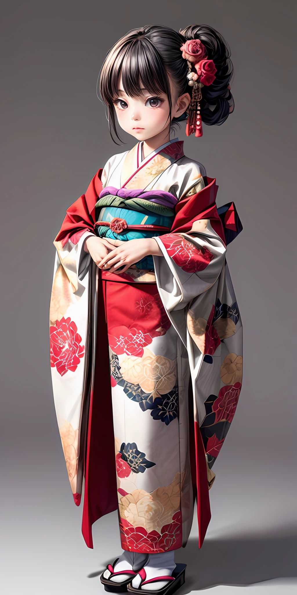 (masterpiece,ultra-detailed,best quality,8K,CG,illustration,shaved:1.0),(ite girl:1.2), <lora:more_details:1> ,simple background, <lora:jyoji fuku v15.0:0.5> jyojifuku, furisode, kimono, long sleeves, hair ornament, rose theme