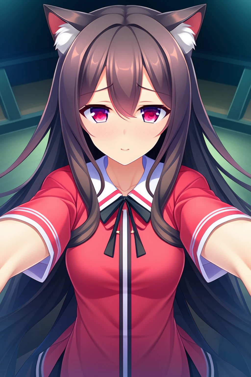 visual novel cg, newest, 1girl, solo, looking at viewer, blush, cat ears, long hair, pov, open arms,