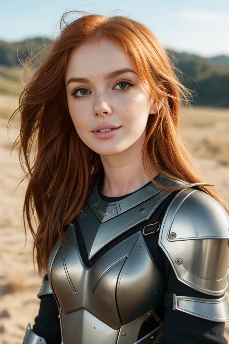tv_Cosmik_Cowgirl_TT,  kkw-skin-det, ,  , wearing full plate armor, in a battlefield, windblown hair, smudges, dirt, windblown hair,, 8k resolution, highres, high detail, sharp focus, detailed skin,  8k uhd,
