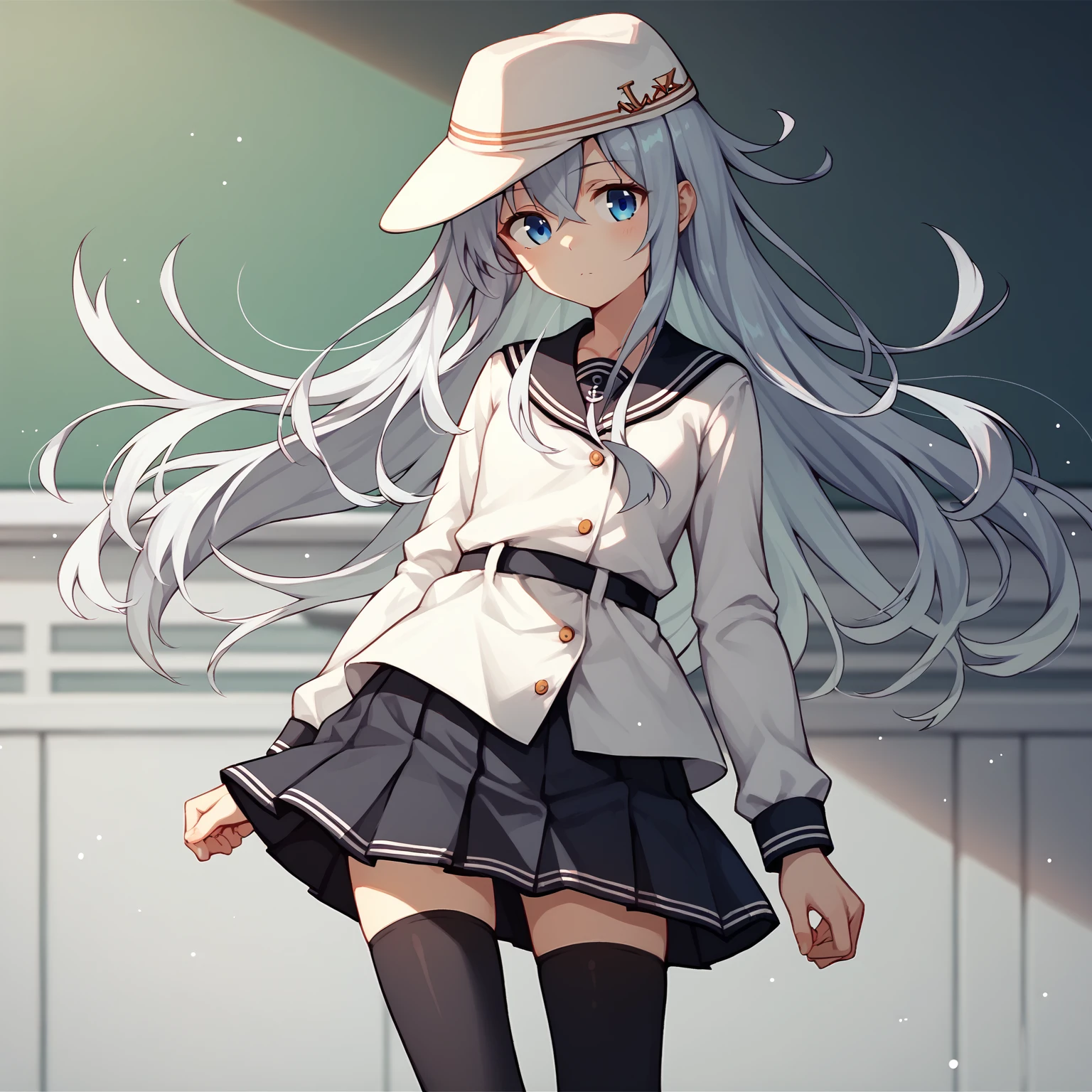 score_9, score_8_up, score_7_up, score_6_up, score_5_up, score_4_up, BREAK, cowboy shot, solo,
 <lora:hibikiv2-000009:1>, hibikikc, verniyoutfitkc, long hair, school uniform, white hat, grey hair, blue eyes, black sailor collar, long sleeves, buttons, black thighhighs,