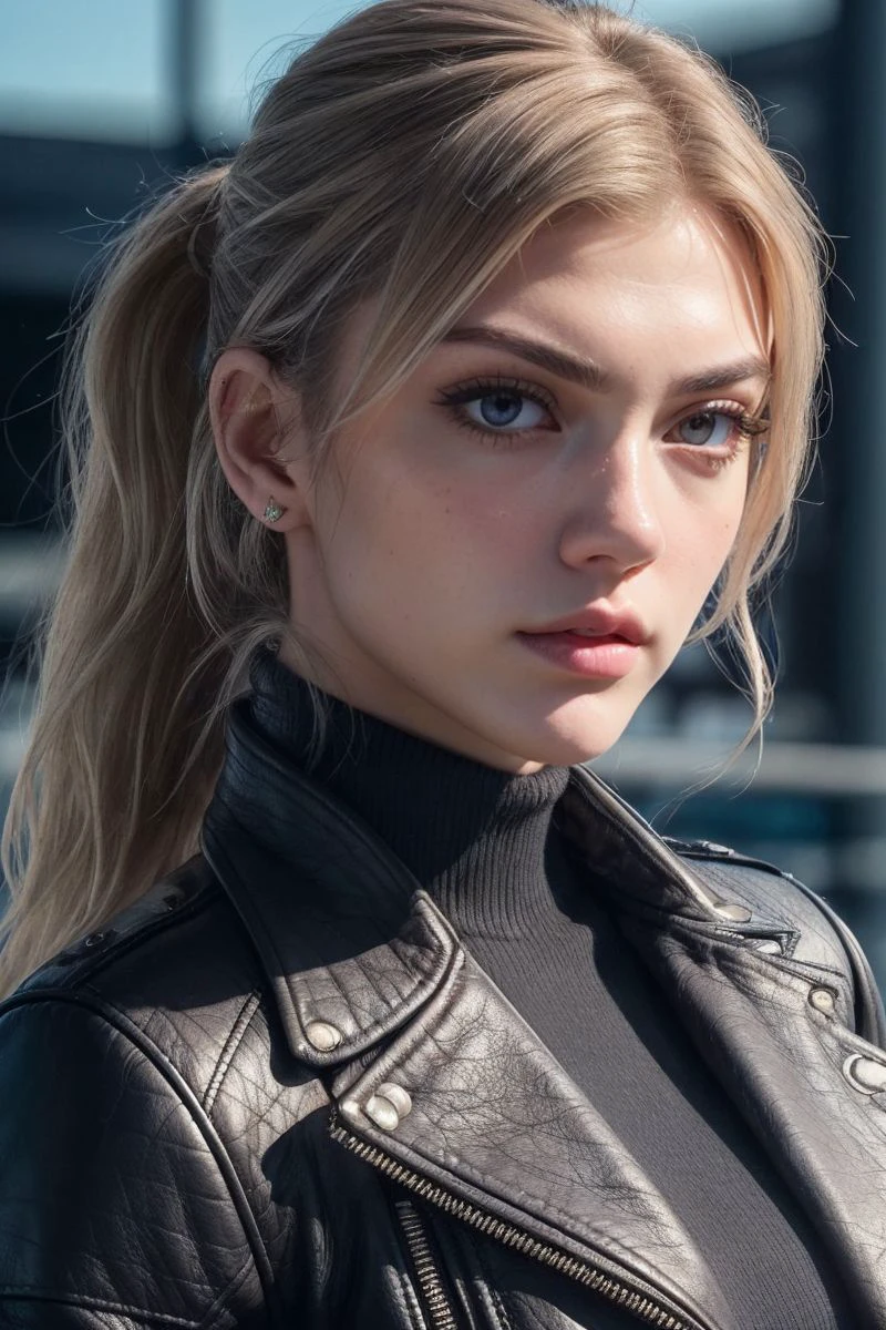 closeup headshot of S369_VictoriaGorlova,a beautiful woman,in a (town:1.1),wearing a (leather-jacket:1.1),(ponytail),(4k, RAW photo, best quality, 35mm, depth of field, ultra high res:1.1),(intricate, photorealistic, cinematic-shot, masterpiece, ultra-detailed:1.1),