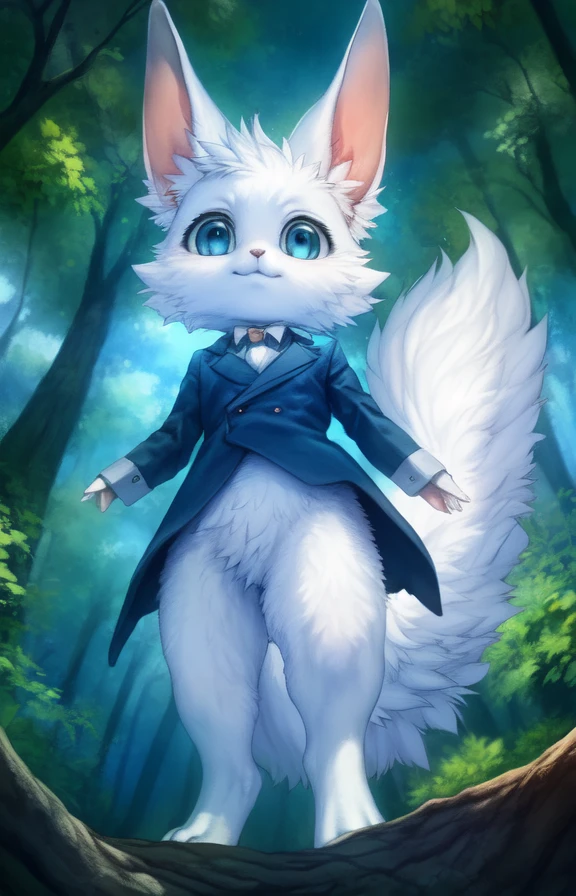 <lora:NaviTDKPrin1:0.85> White fur, fluffy tail, blue eyes, blue jacket,  solo,   looking at viewer, to his full height,  ( worm's-eye view, looking down,  ass,   standing , looking down at viewer, low-angle view, )
(beautiful, aesthetic, perfect, delicate, intricate, masterpiece, )  textured fur, [Forest, clouds, bushes,]    
[by kenket|by totesfleisch8], by thebigslick:by silverfox5213:0.8], [by syuro, by paloma-paloma::0.2, (Tricksta, TotesFleisch8)