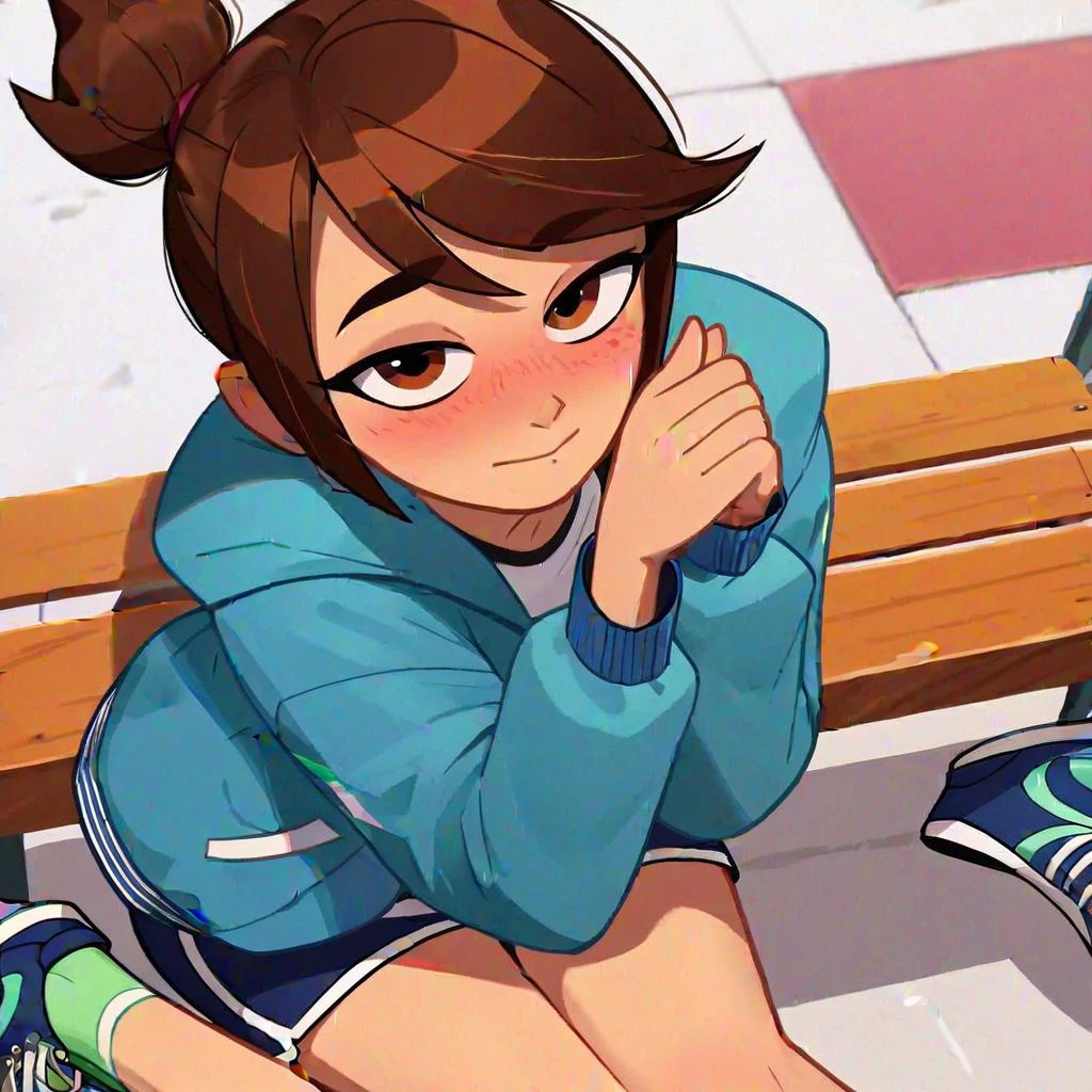 score_9, score_8_up, score_7_up, score_6_up,score_5_up,score_4_up, cartoon accurate, source cartoon, MollyMcGee, brown eyes, brown hair, short ponytail, petite, blue jacket, white t-shirt with black hems, blue dolphin shorts,, white and green socks, blue tennis shoes, bedroom eyes, cute, sitting on a bench, cute, embarrassed, teasing, looking at you, POV,