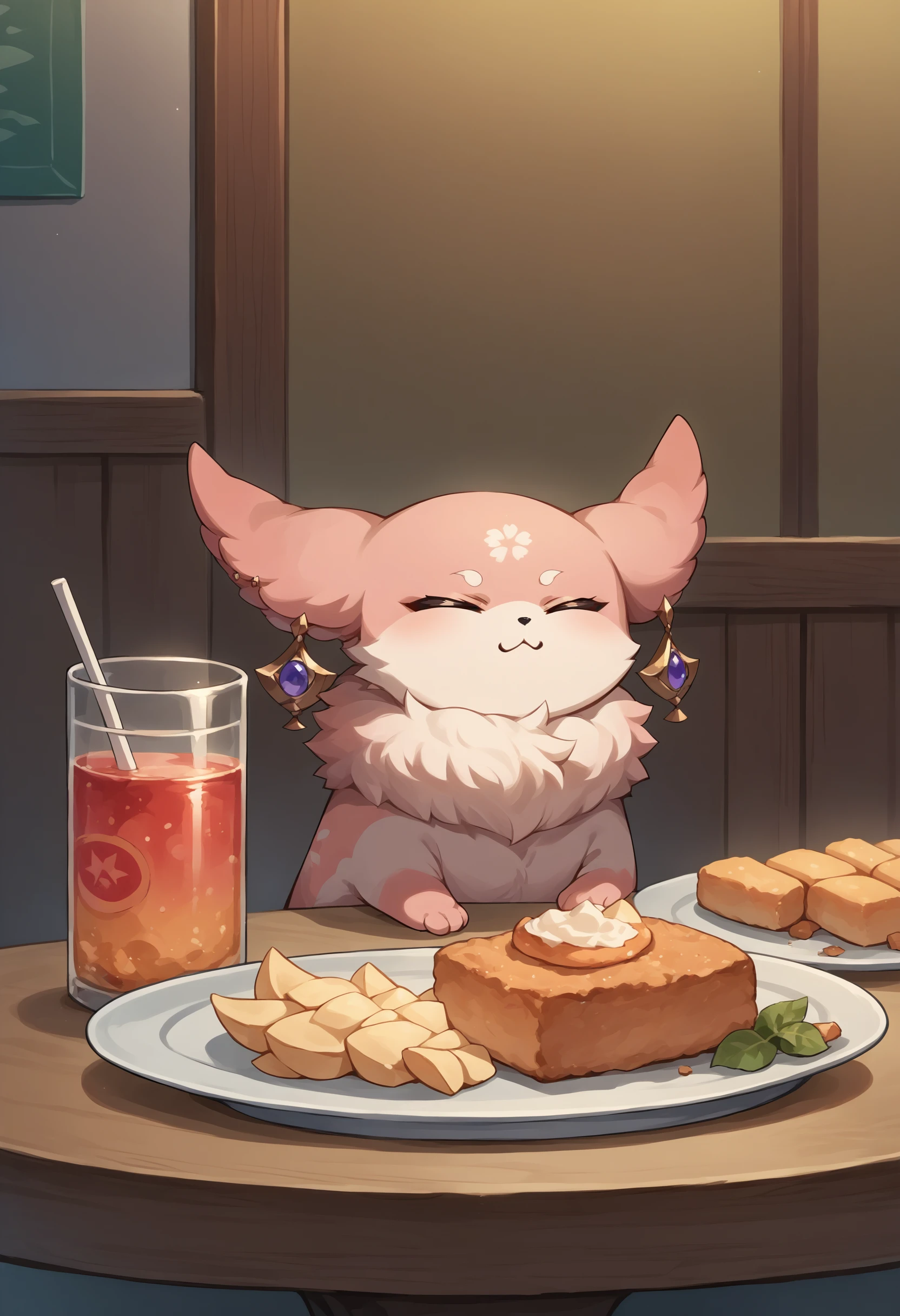 score_9, score_8_up, score_7_up, source_anime, YaeMikoFox, earrings, no humans, <lora:YaeMikoFox_XLPD:1>, animal, table, indoors, food, drink, closed eyes,