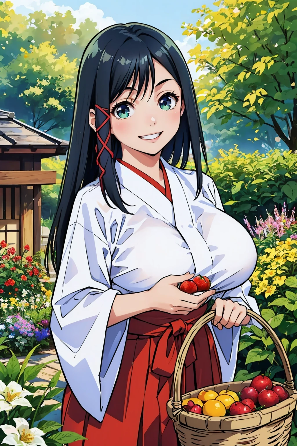 masterpiece, best quality, 1girl, <lora:amagamiyae-nvwls-v1-000008:0.9> amagamiyae, hair ribbon, japanese clothes, white sleeves, wide sleeves, red hakama skirt, large breasts, grin, holding basket of fruit, looking at viewer, garden