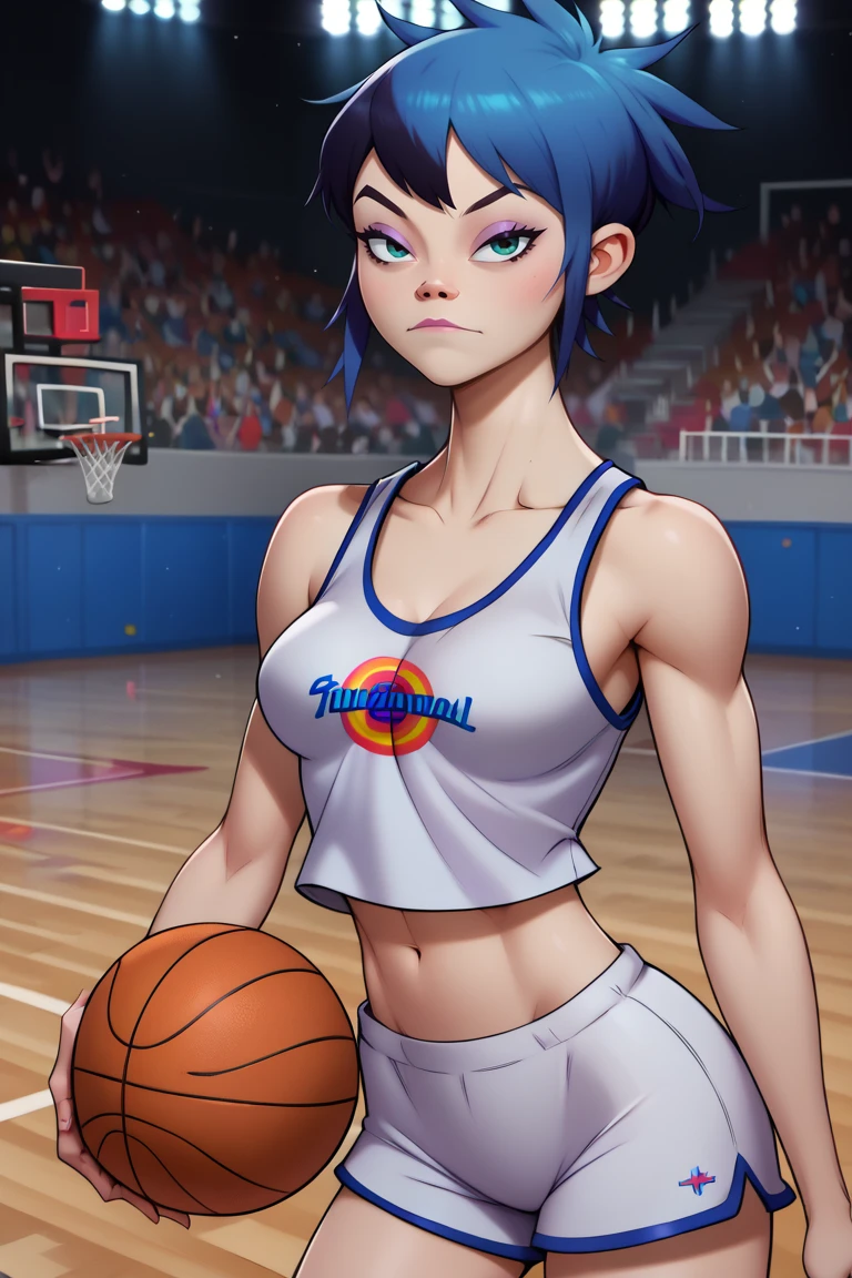 score_9, score_8_up, score_7_up, BREAK, 1girl, solo, breasts,  <lora:noodlegorillaz-guy-PONYv1:.95>, noodlegorillaz, black hair,  blue hair, basketball uniform, shorts, tank top, white shorts, midriff, space jam