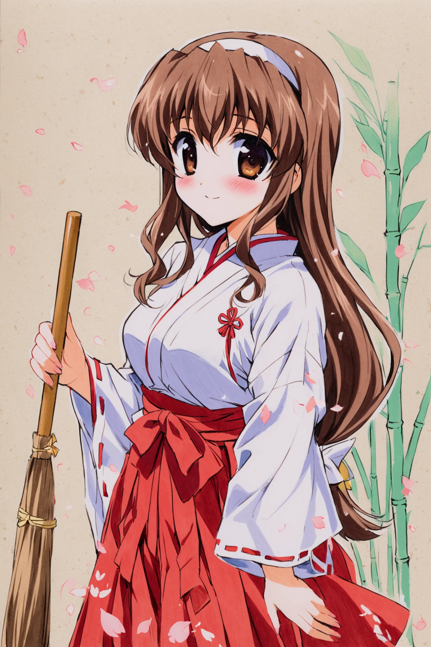 Nogizaka Haruka,1girl,solo,miko,japanese clothes,hakama,hakama skirt,skirt,brown hair,red hakama,broom,petals,low-tied long hair,long hair,brown eyes,blush,hairband,bamboo broom,smile,long sleeves,ribbon,bow,ribbon trim,traditional media,<lora:shaa_XL:0.8>,