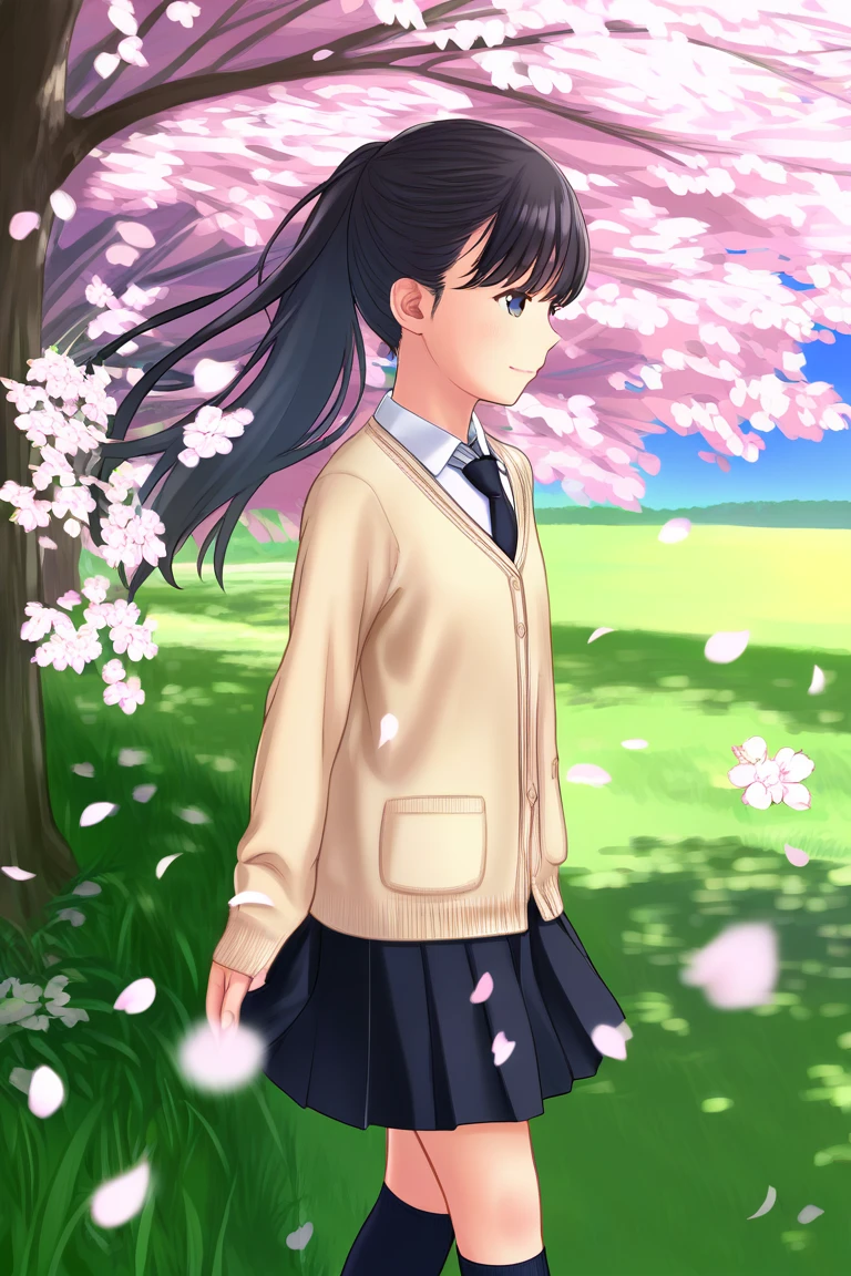 score_9, score_8_up, score_7_up, source_anime, rating_safe BREAK
1girl, solo, smile, flower, black hair, skirt, outdoors, ponytail, cherry blossoms, day, school uniform, cardigan, necktie, tree, grass, black eyes, socks, black skirt, wind, blue sky, black socks, walking, long sleeves, shirt, collared shirt, petals, cowboy shot, (close-up:1.2)