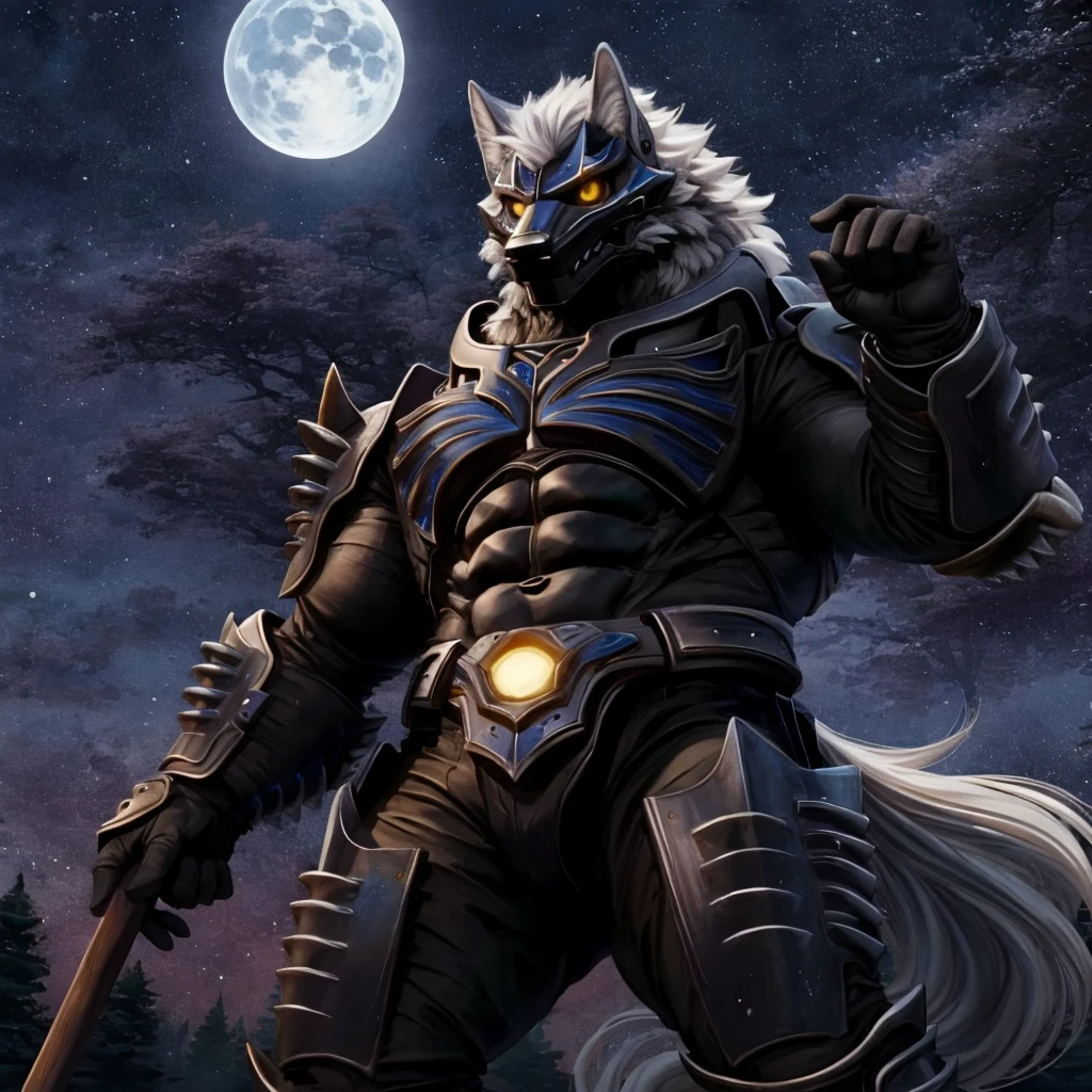 male, handsome, powerful muscular body, (full body), (Totality Embodiment), breathtaking beauty, pure perfection, divine presence, unforgettable, impressive, chiaroscuro, night time, 
black metal armor,  grey wolf, grey body, grey skin, grey fur, villain, glowing yellow eyes, long white hair, wolf face helmet, wolf face mask, single horn on forehead, powerful muscular warrior like body, opened armored leather long jacket, thick arms, thick legs, wide thick chest, large pecs, abs,  
<lora:ZenAku(PowerRangersWildForce)(AD):0.85>