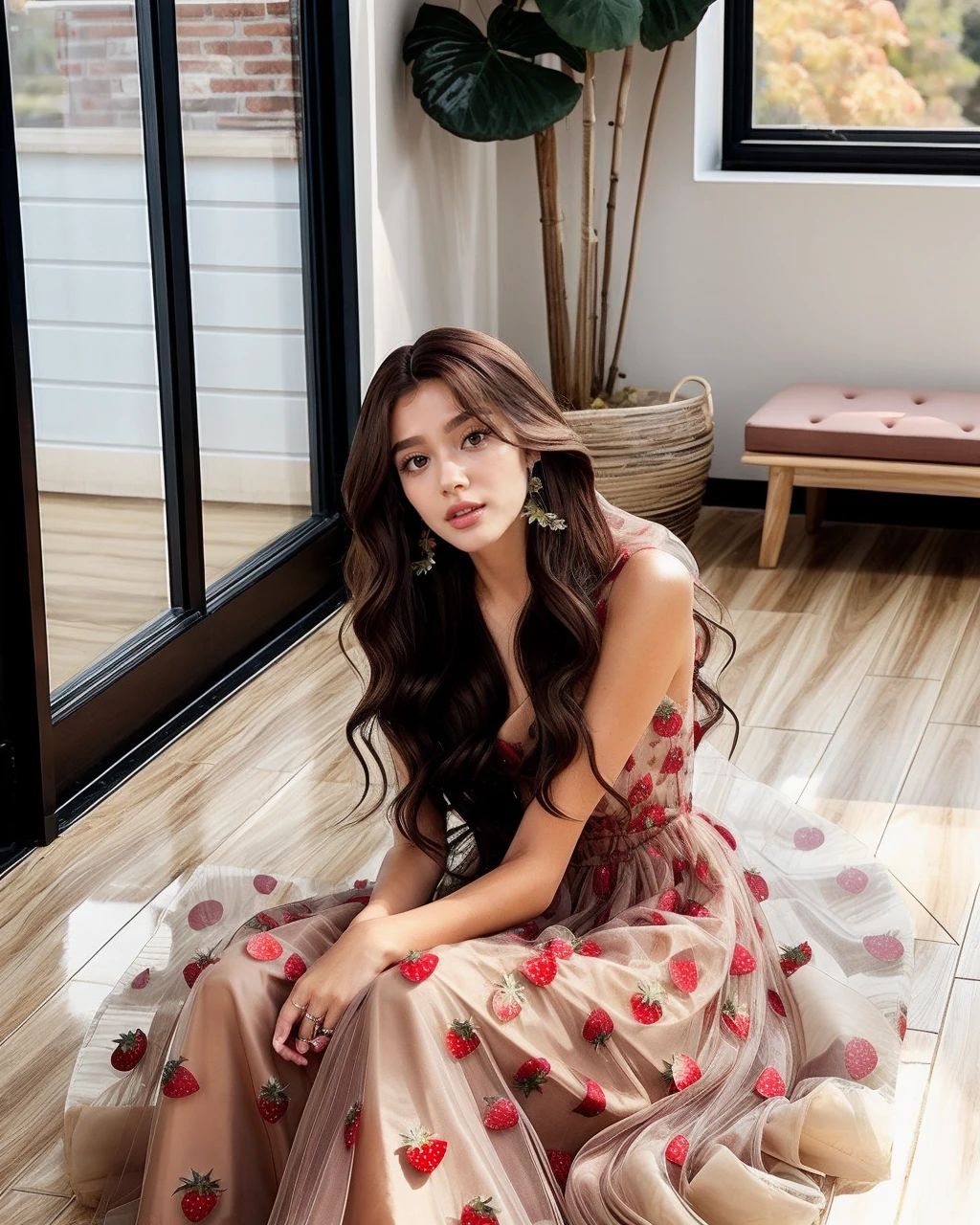 <lora:StrawberryDress-v1-000003:1>, tulle bench, brown eyes, dress, dress long hair, earrings, flower, fruit, indoors, lips, long hair, no humans, plant, ring, strawberry print, wooden floor