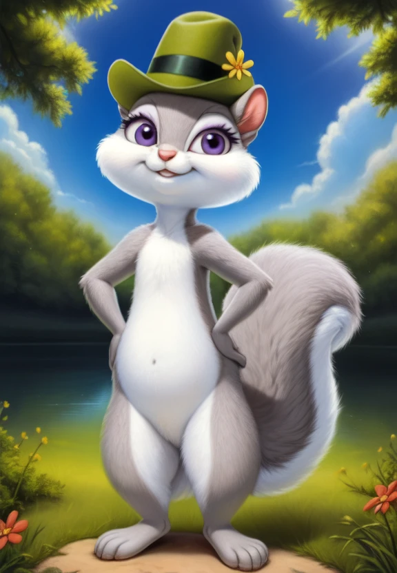 <lora:SlappySquirrelCartoonYif:0.85>     solo,   looking at viewer,   SlappySquirrelCartoon, Squirrel, (smal hat) , smal  green hat with flower, purple eyelids, gray fur,   white sclera,  
(beautiful, aesthetic, perfect, delicate, intricate, masterpiece, )  textured fur, [Forest,  lake, clouds, bushes,] hands on hips
 [by kenketby totesfleisch8], by thebigslickby silverfox52130.8], [by syuro, by paloma-paloma0.2, (Tricksta, TotesFleisch8)