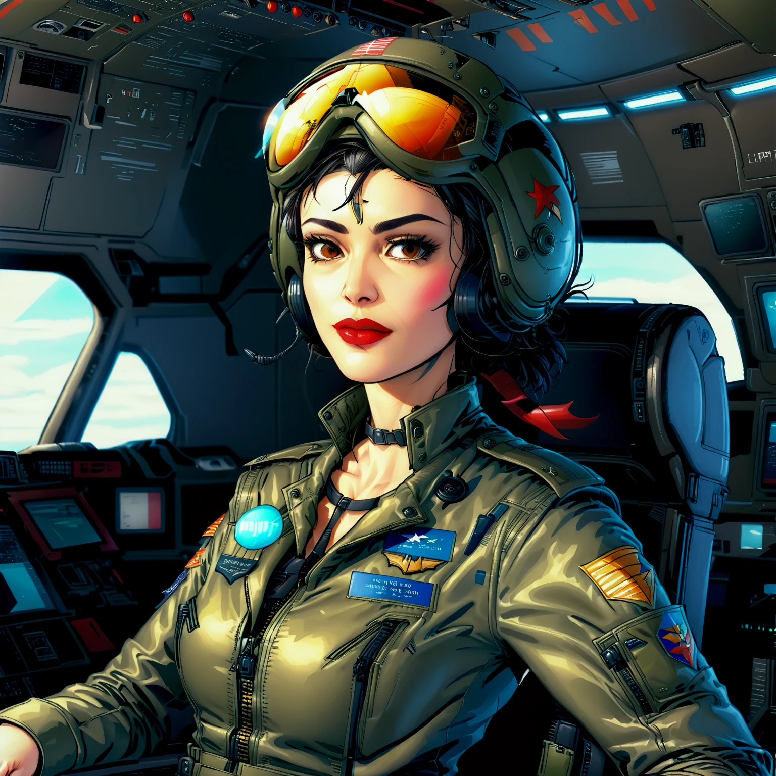 a military pilot with mirrored sunglasses in the cockpit of her spaceship, military uniform, flight suit, flight helmet, lipstick,